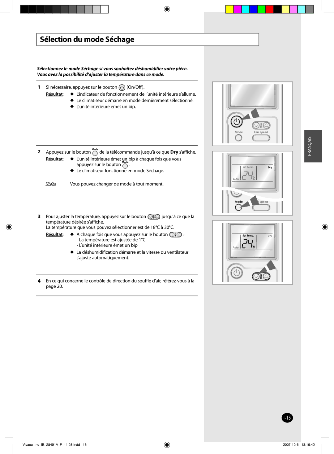 Samsung AQV09EWAX, AQV12VBEN, AQV09VBCNKCV, AQV24VBGN, AQV24VBEN, AQV24VBCX, AQV18VBCN, AQV24VBGX manual Sélection du mode Séchage 