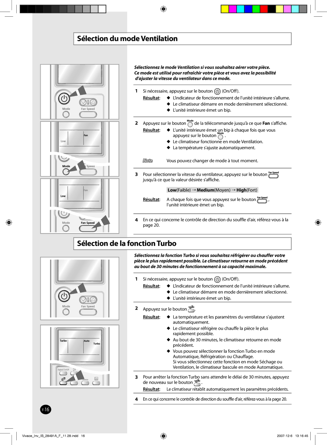 Samsung AQV09VBEX, AQV12VBEN, AQV09VBCNKCV, AQV24VBGN manual Sélection du mode Ventilation, Sélection de la fonction Turbo 