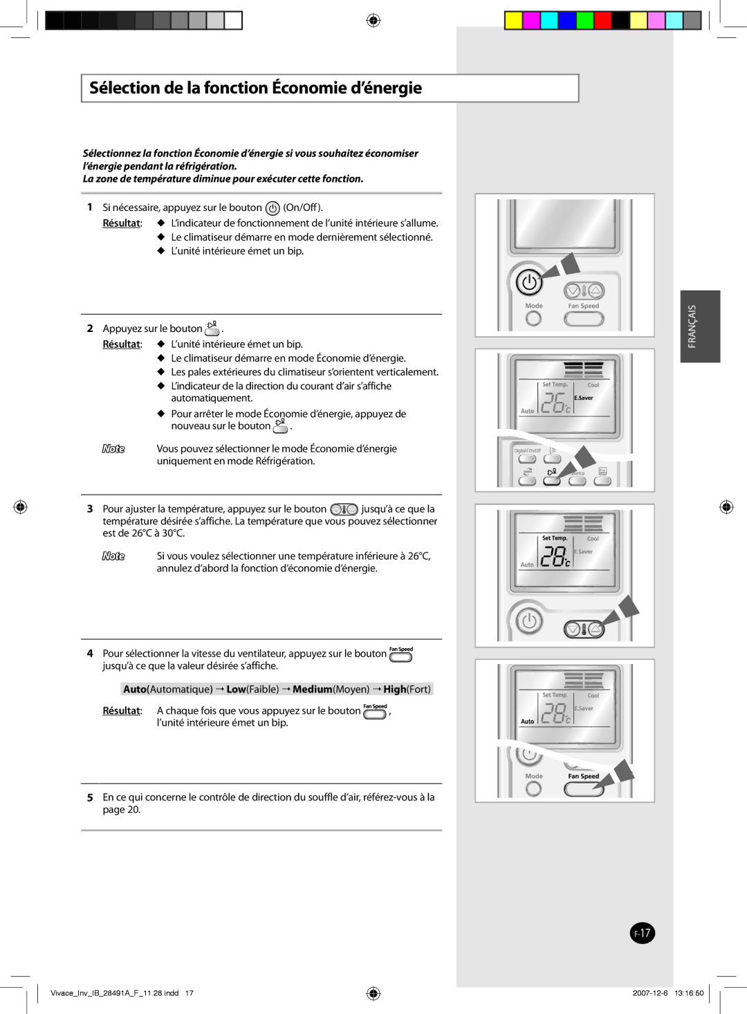 Samsung AQV12VBEX, AQV12VBEN manual Sélection de la fonction Économie d’énergie, Si nécessaire, appuyez sur le bouton On/Off 