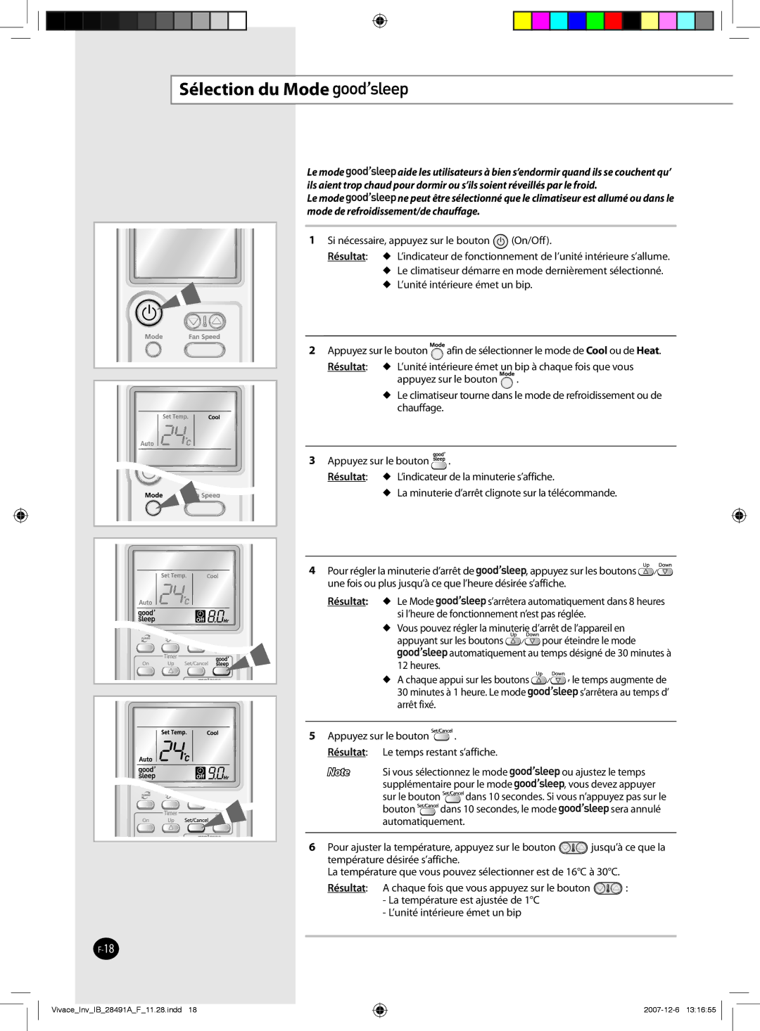 Samsung AQV18VBCX Sélection du Mode, Résultat  ’indicateur de la minuterie s’affiche, Sur le bouton, Bouton, Sera annulé 