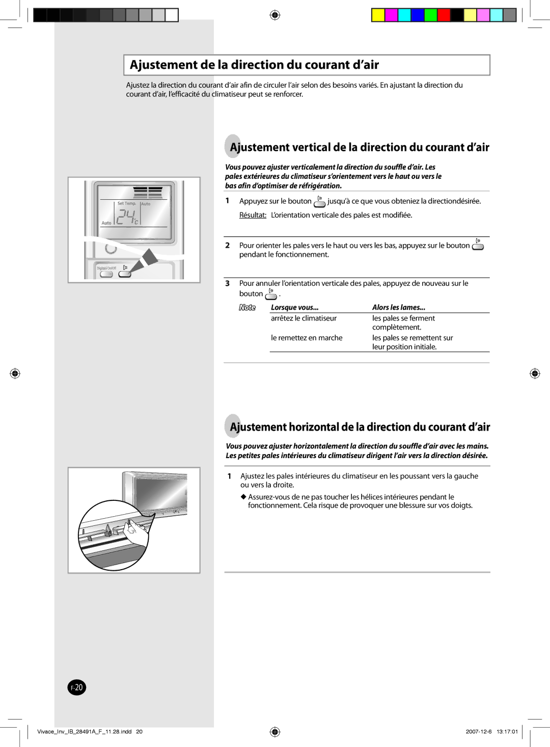 Samsung AQV12VBCN, AQV12VBEN, AQV09VBCNKCV, AQV24VBGN Ajustement de la direction du courant d’air, Leur position initiale 