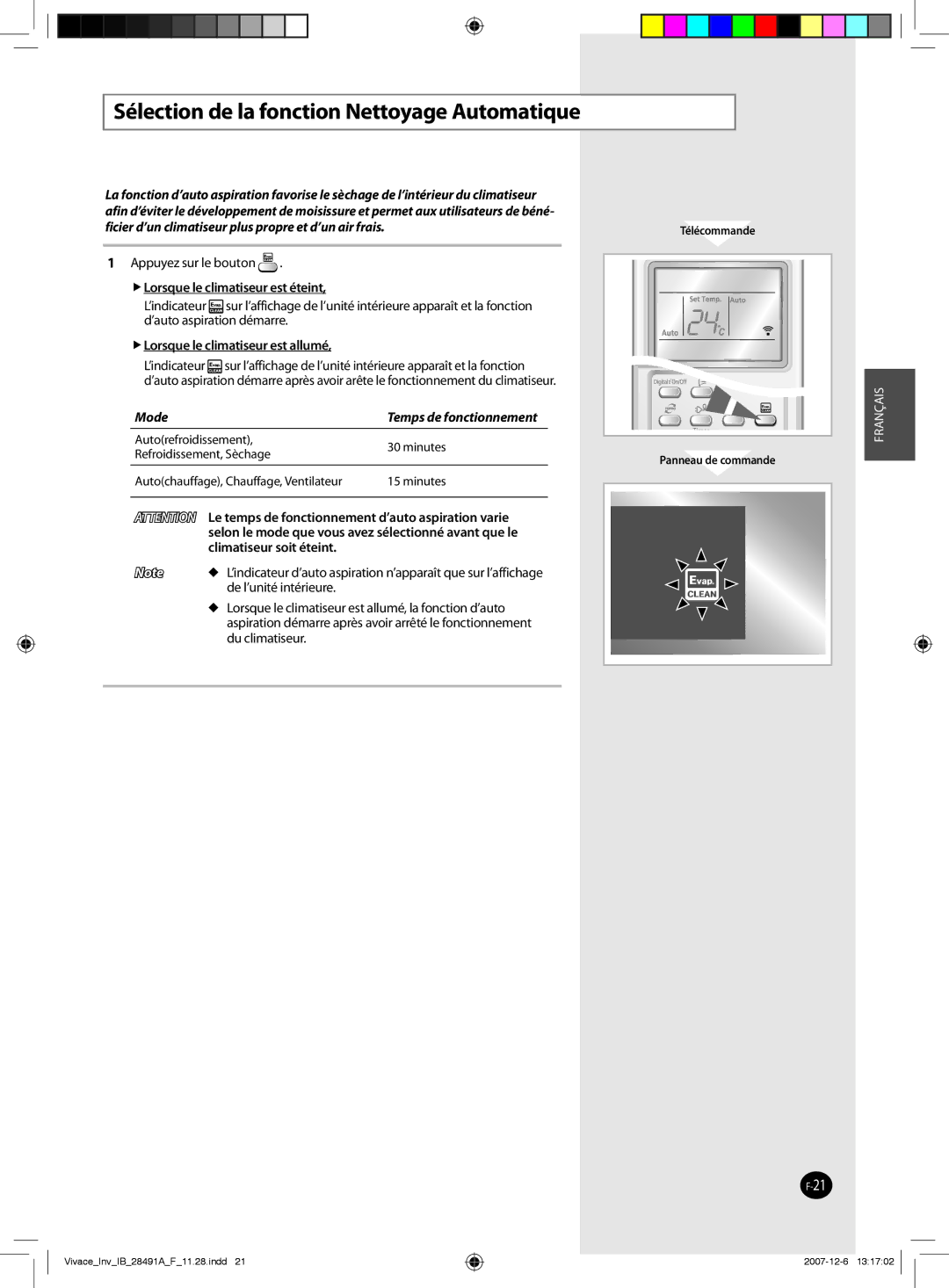 Samsung AQV12VBEN, AQV09VBCNKCV manual Sélection de la fonction Nettoyage Automatique,  Lorsque le climatiseur est éteint 