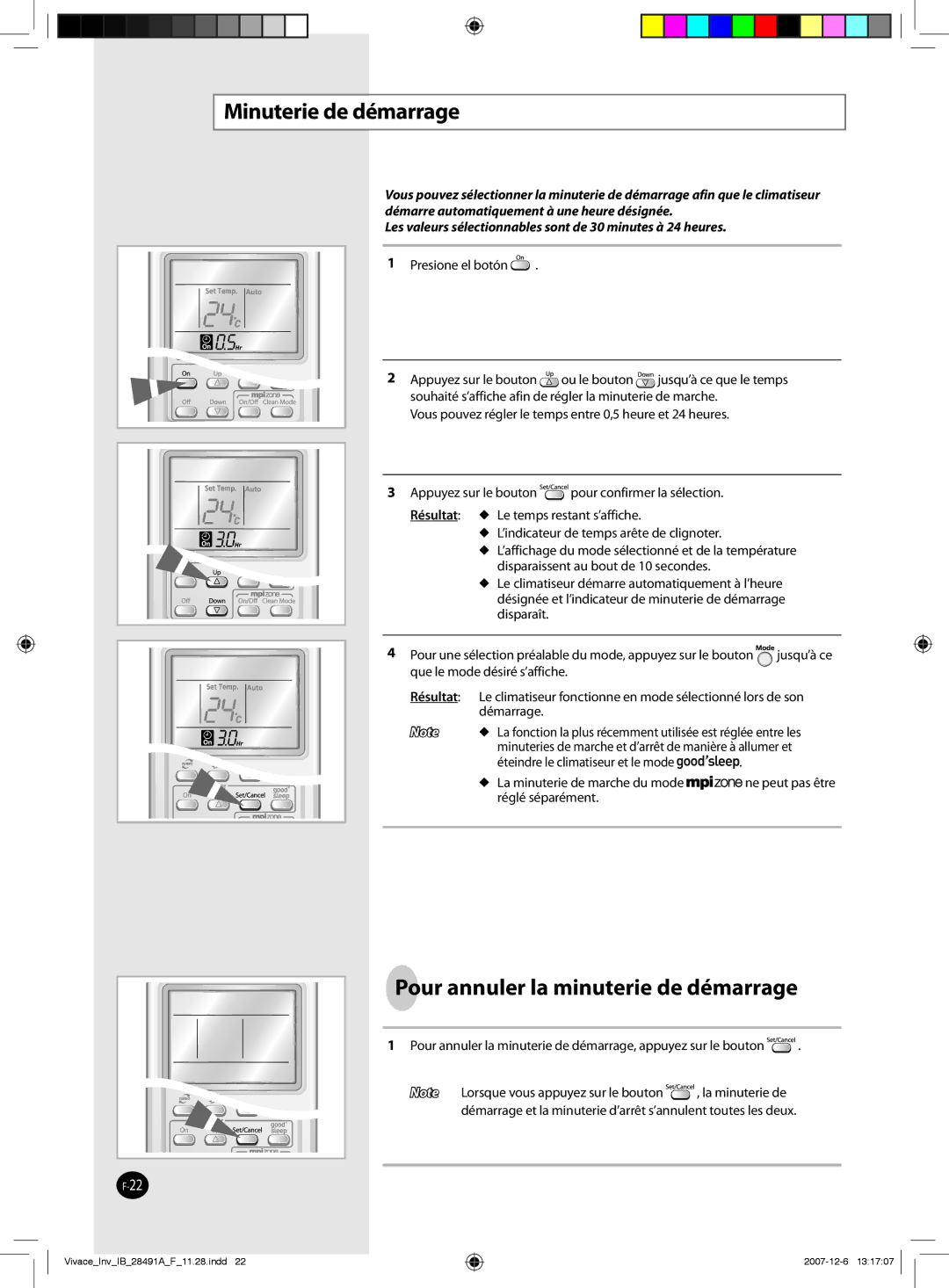 Samsung AQV09VBCNKCV, AQV12VBEN, AQV24VBGN, AQV24VBEN manual Minuterie de démarrage, Pour annuler la minuterie de démarrage 