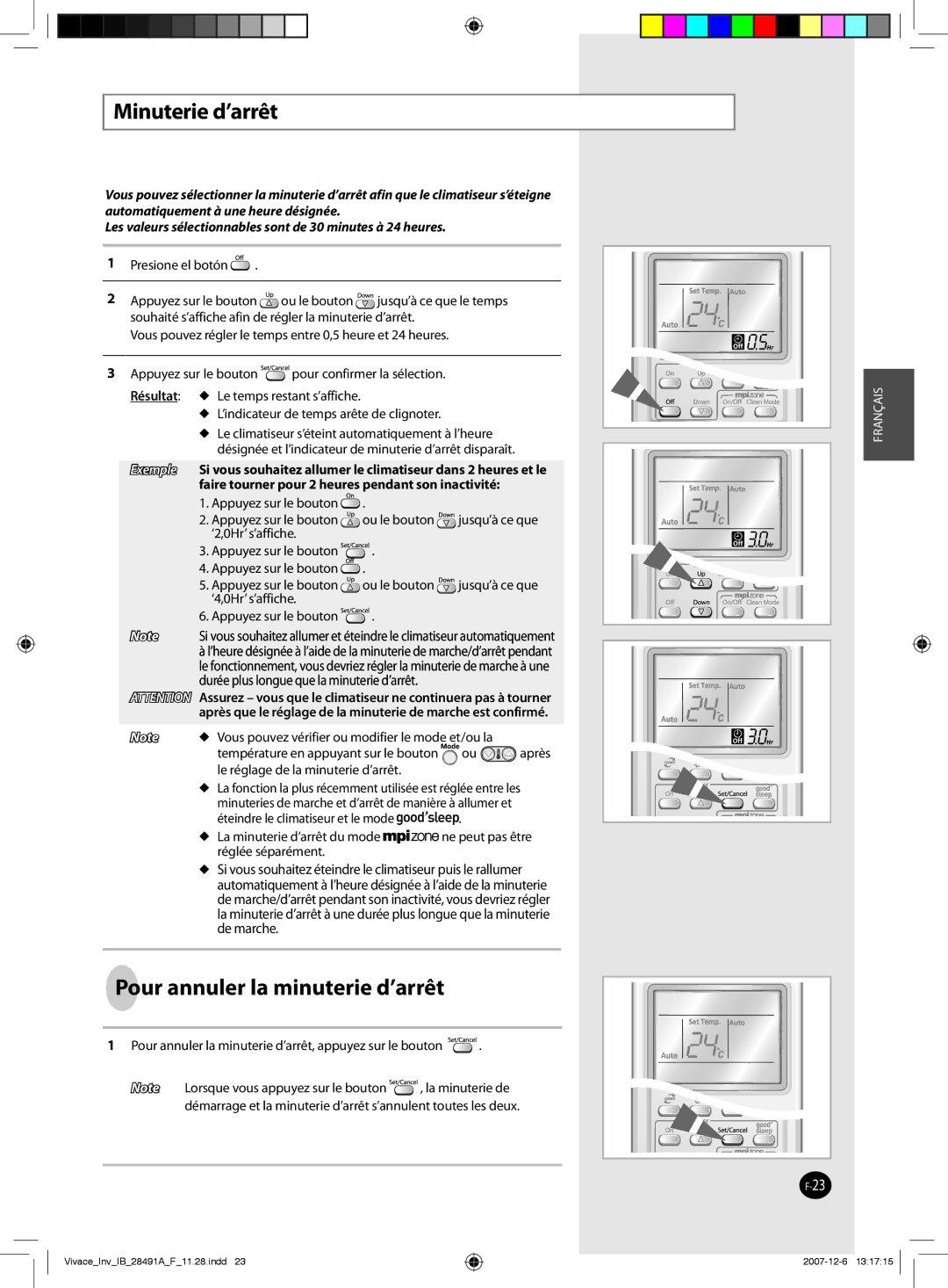 Samsung AQV24VBGN, AQV12VBEN, AQV09VBCNKCV, AQV24VBEN, AQV24VBCX manual Minuterie d’arrêt, Pour annuler la minuterie d’arrêt 