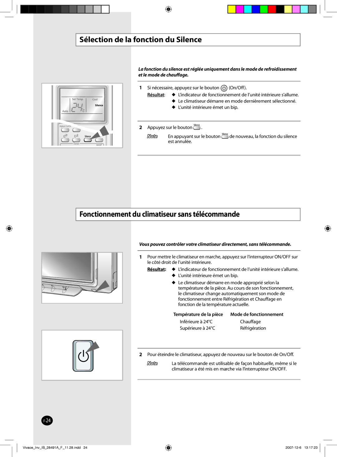 Samsung AQV24VBEN, AQV12VBEN manual Sélection de la fonction du Silence, Fonctionnement du climatiseur sans télécommande 