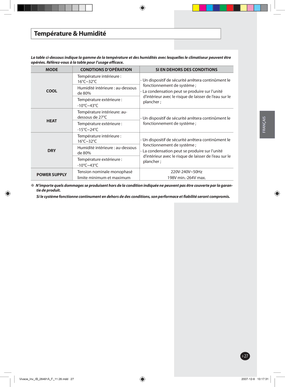 Samsung AQV24VBGX, AQV12VBEN, AQV09VBCNKCV, AQV24VBGN, AQV24VBEN, AQV24VBCX, AQV18VBCN, AQV24VBEX manual Température & Humidité 