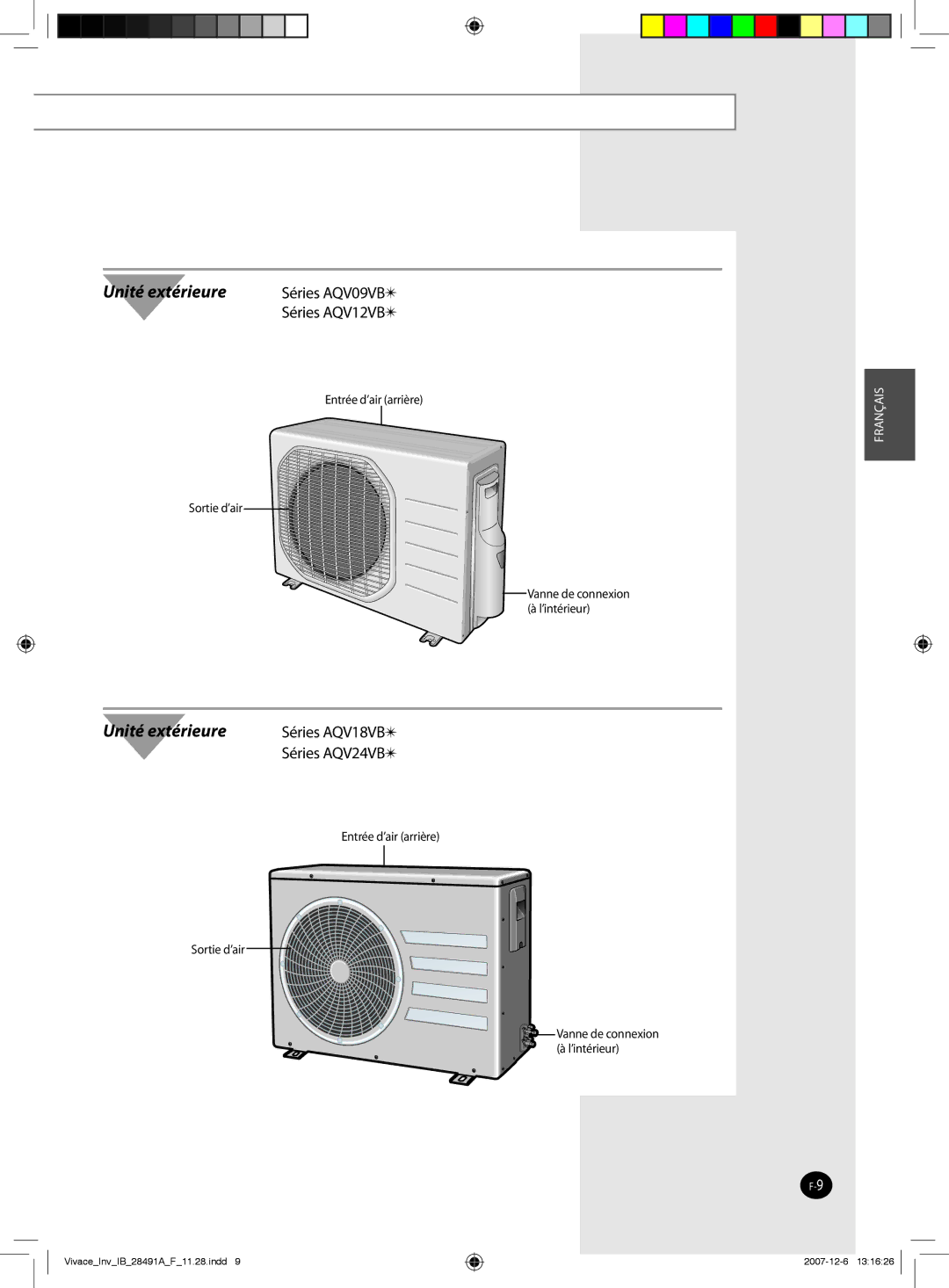 Samsung AQV24VBCN Séries AQV09VB, Séries AQV12VB, Entrée d’air arrière Sortie d’air, Séries AQV18VB , Séries AQV24VB  