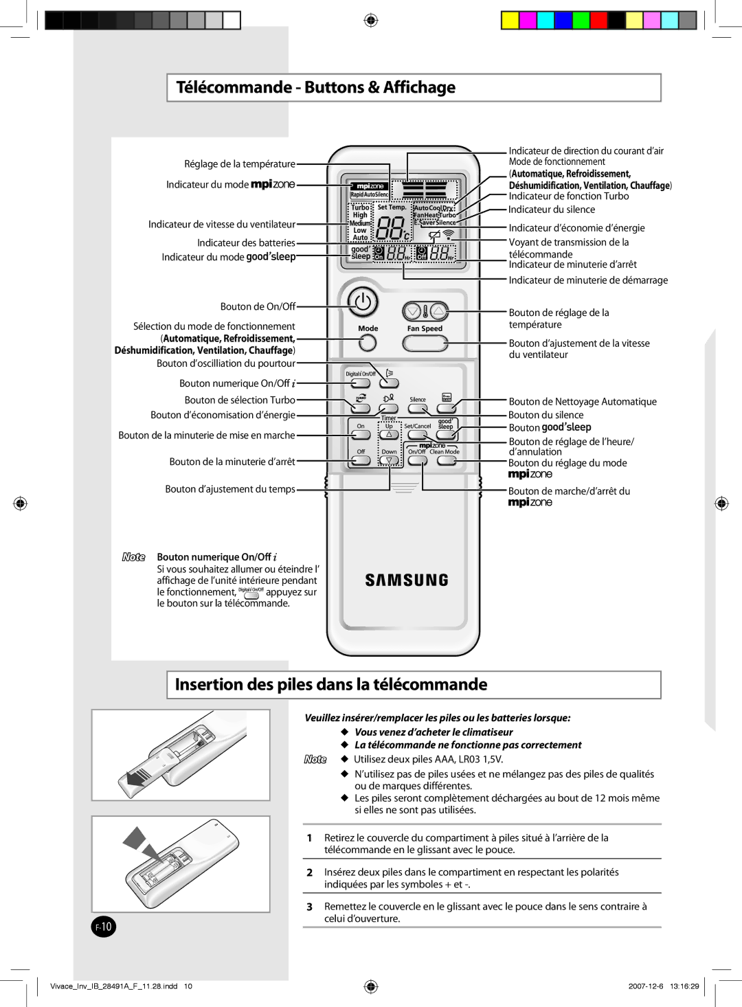 Samsung AQV18VBGX, AQV12VBEN, AQV24VBGN Insertion des piles dans la télécommande, Déshumidification, Ventilation, Chauffage 