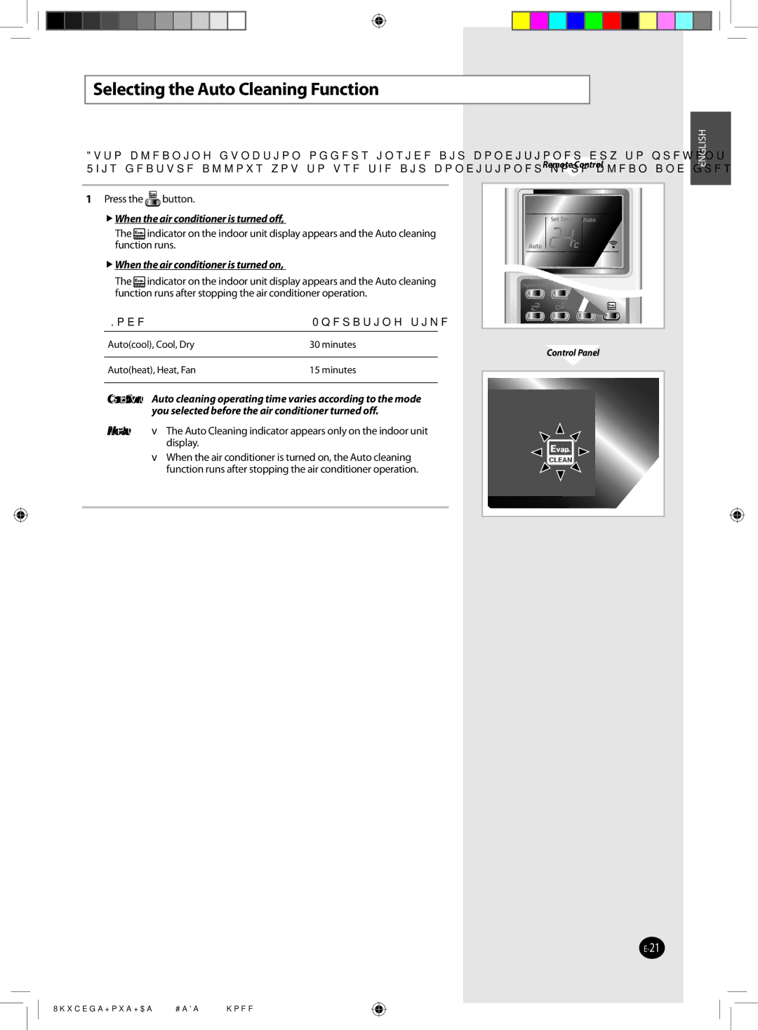 Samsung AQV18VBEX, AQV12VBEN, AQV09VBCNKCV Selecting the Auto Cleaning Function,  When the air conditioner is turned off 