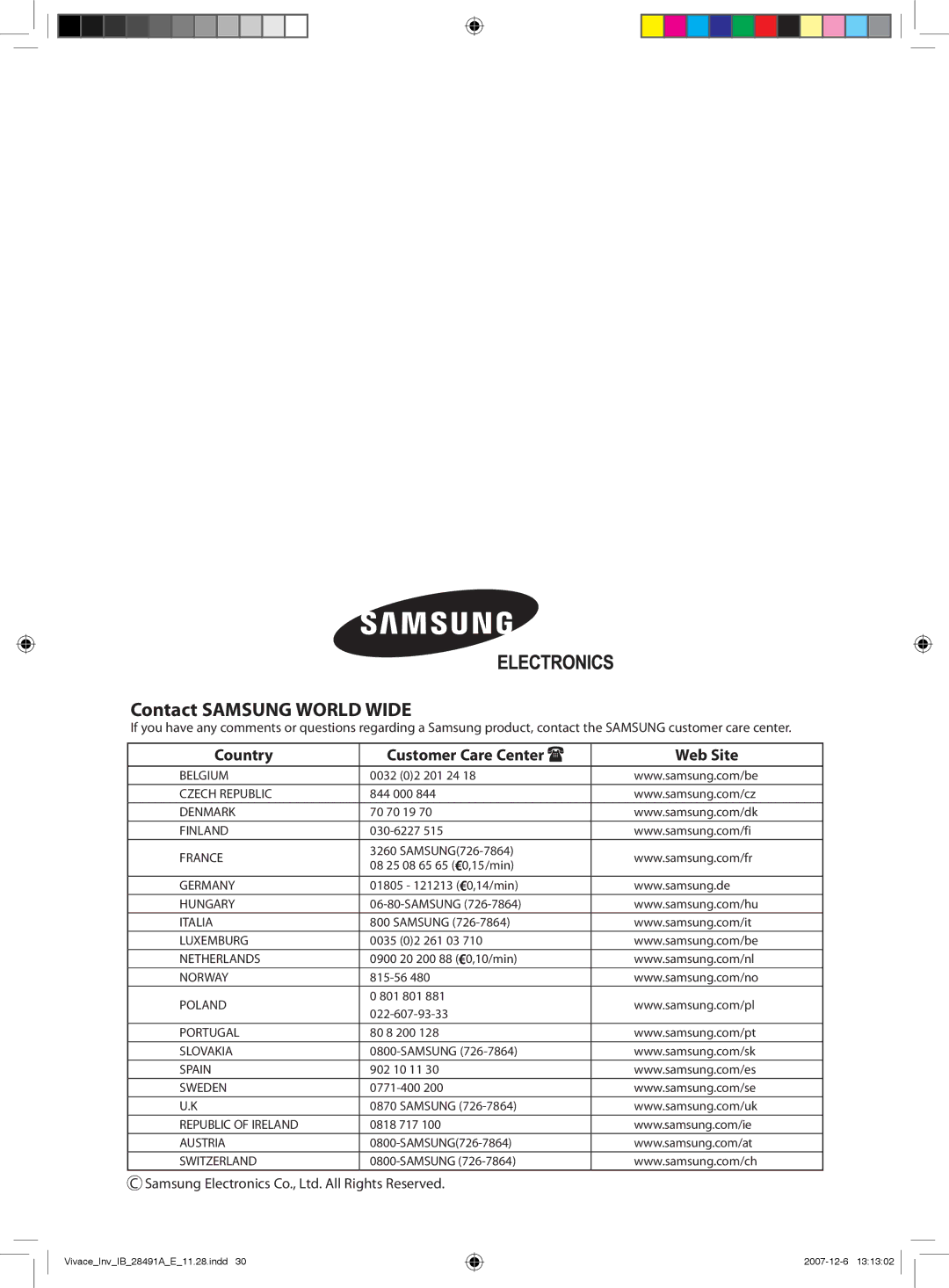 Samsung AQV24VBEN, AQV12VBEN, AQV09VBCNKCV, AQV24VBGN, AQV24VBCX, AQV18VBCN, AQV24VBGX, AQV24VBEX Contact Samsung World Wide 