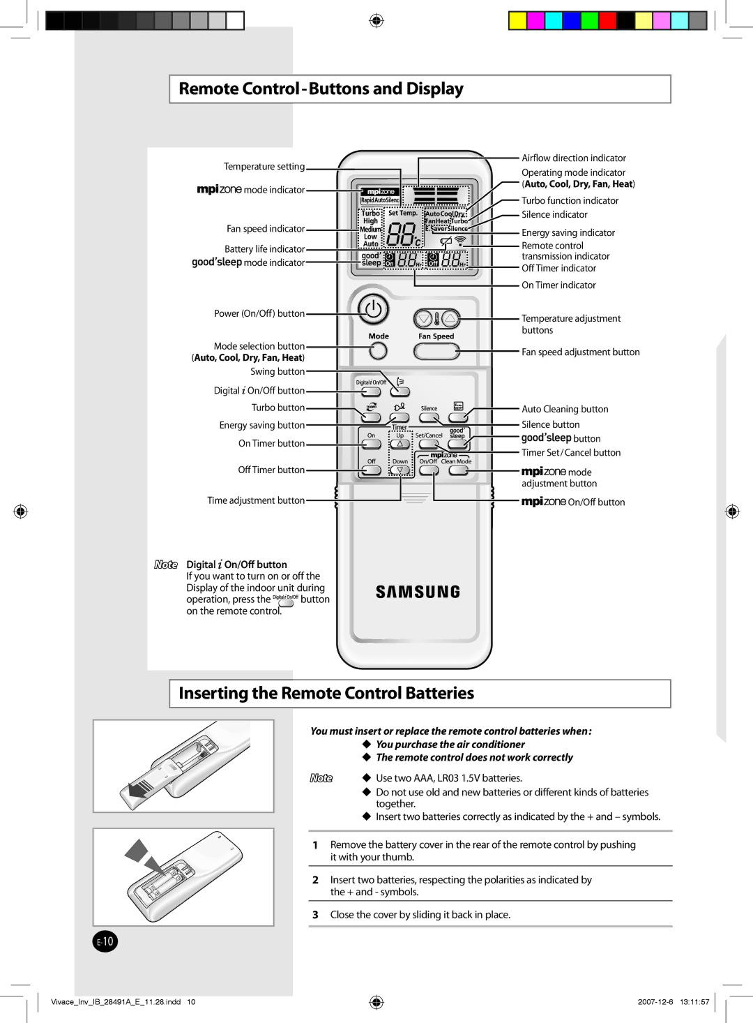 Samsung AQV18VBGX, AQV12VBEN, AQV09VBCNKCV manual Remote Control-Buttons and Display, Inserting the Remote Control Batteries 