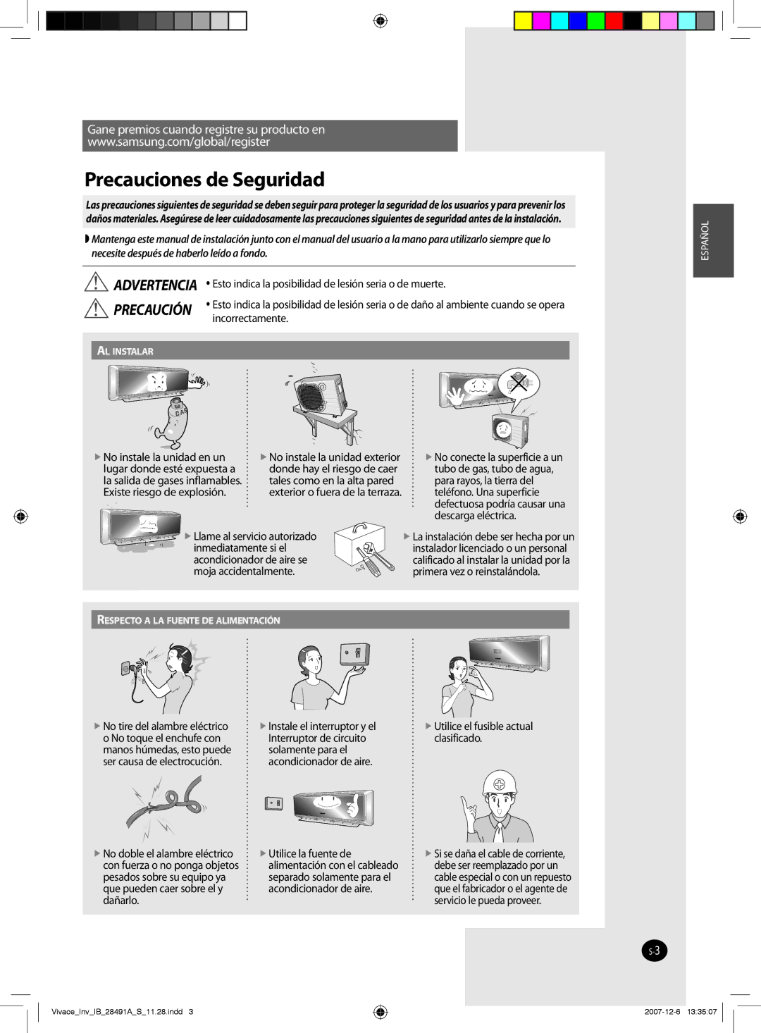 Samsung AQV24VBCX  Esto indica la posibilidad de lesión seria o de muerte, Incorrectamente, No instale la unidad en un 