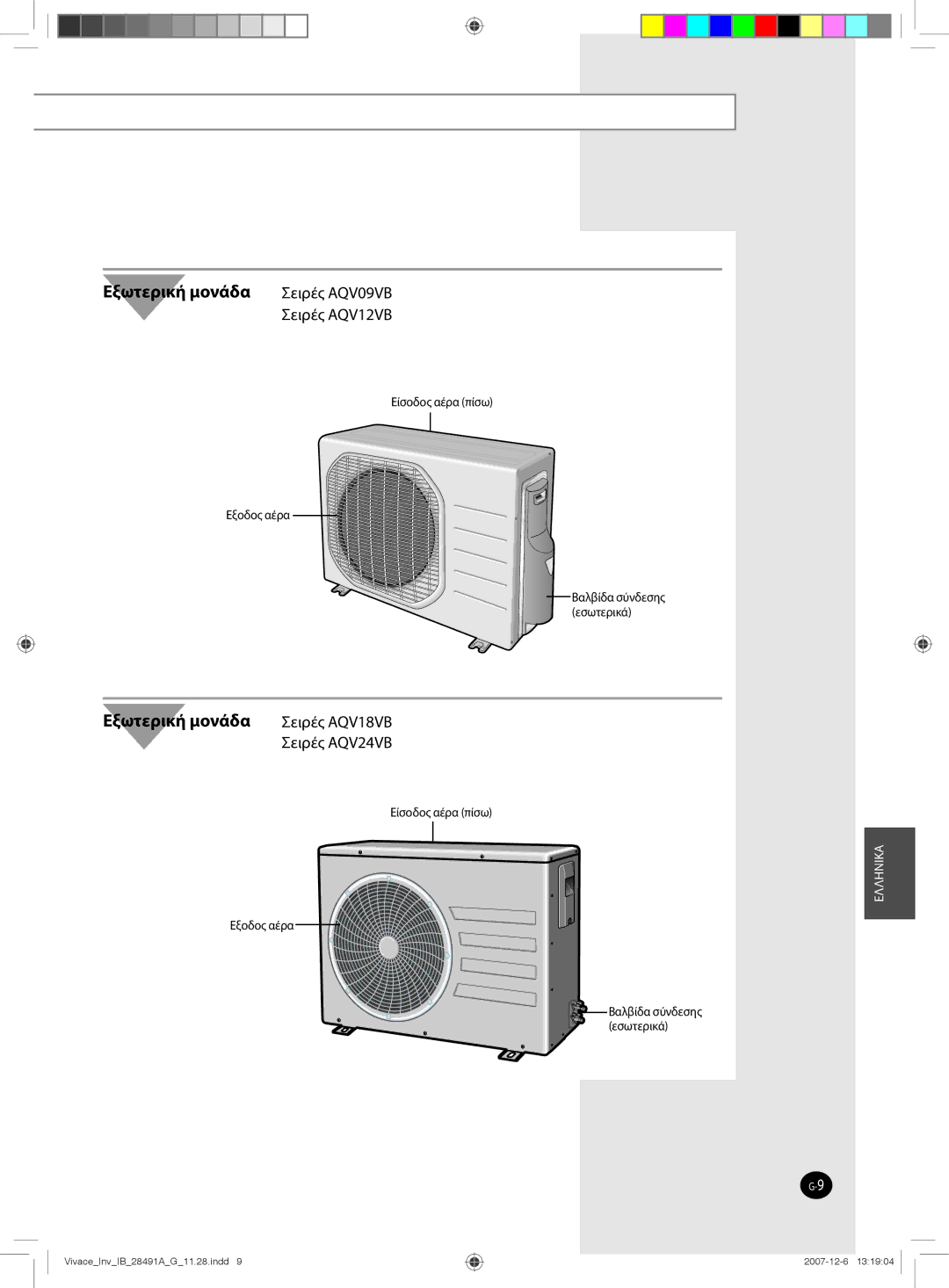 Samsung AQV09VBEN, AQV12VBEN, AQV24VBGN, AQV24VBCX, AQV18VBCN, AQV24VBGX, AQV24VBCN, AQV18VBGX Eίσοδος αέρα πίσω Eξοδος αέρα 