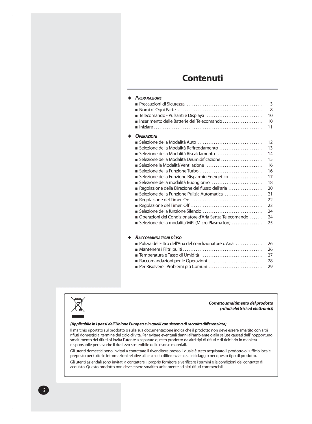 Samsung AQV12VBAX, AQV12VSAN, AQV24VSAN, AQV18VBAN, AQV18VSAN, AQV12VBAN, AQV09VSAN, AQV09VBAN, AQV24VBAN manual Contenuti 