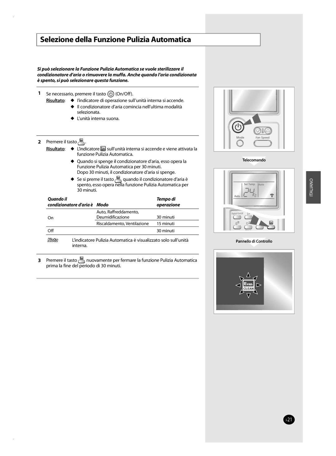 Samsung AQV24VSAN, AQV12VSAN manual Selezione della Funzione Pulizia Automatica, Spento, si può selezionare questa funzione 