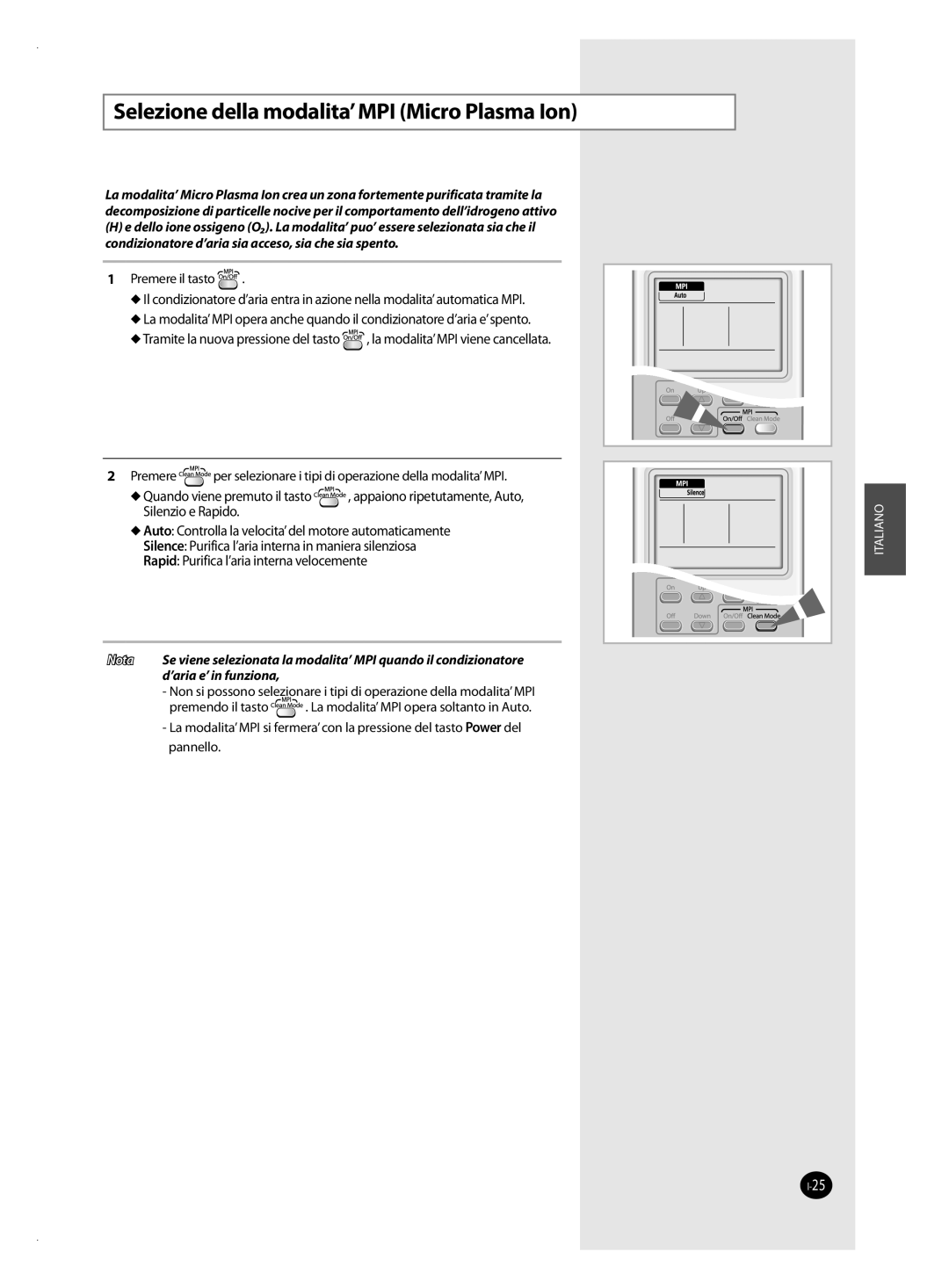 Samsung AQV09VSAN, AQV12VSAN, AQV12VBAX, AQV24VSAN, AQV18VBAN, AQV18VSAN manual Selezione della modalita’MPI Micro Plasma Ion 