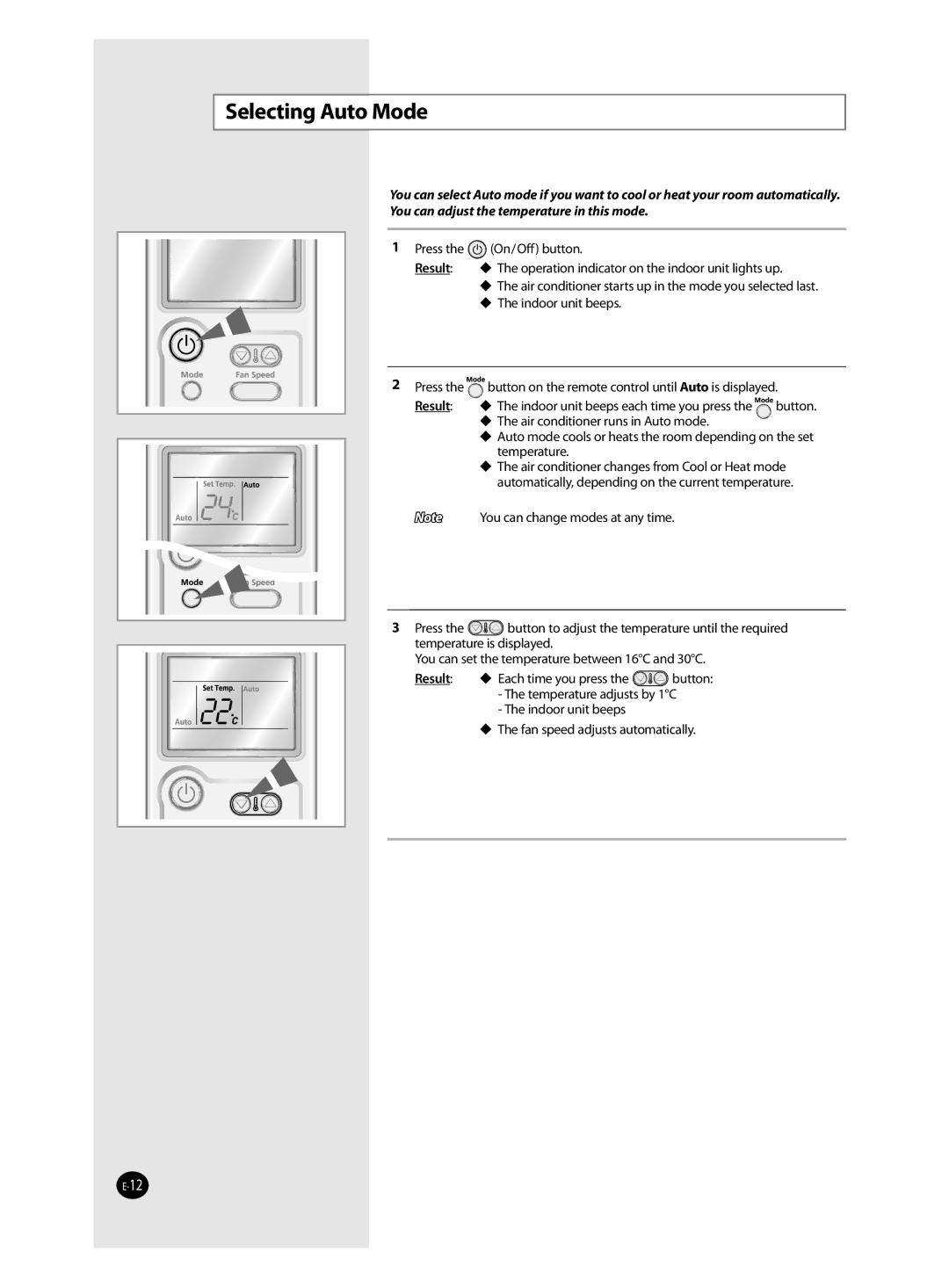 Samsung AQV18VBAN, AQV12VSAN, AQV12VBAX, AQV24VSAN, AQV18VSAN, AQV12VBAN, AQV09VSAN, AQV09VBAN manual Selecting Auto Mode, Result 