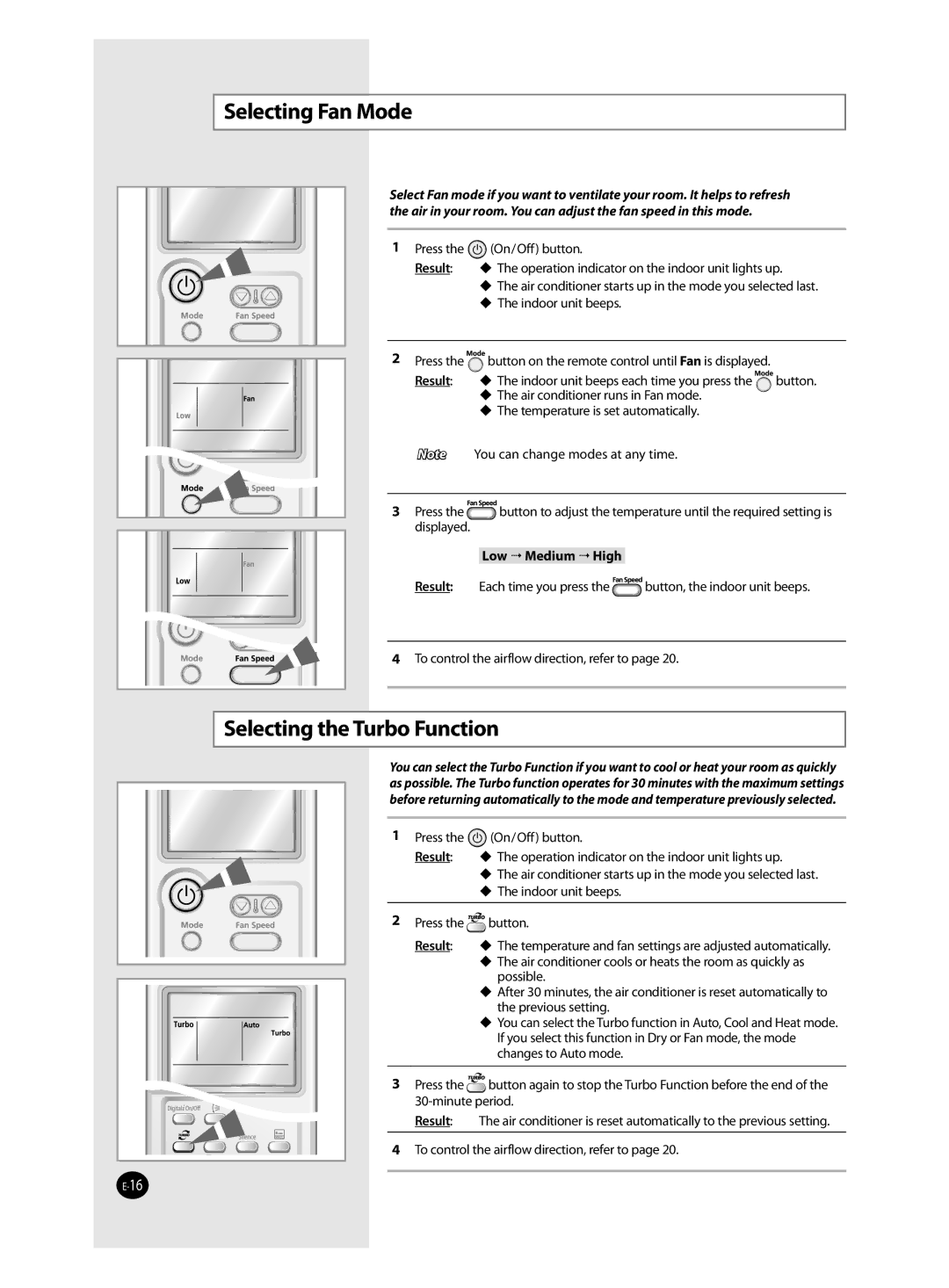 Samsung AQV09VBAN, AQV12VSAN, AQV12VBAX, AQV24VSAN Selecting Fan Mode, Selecting the Turbo Function, Low  Medium  High 