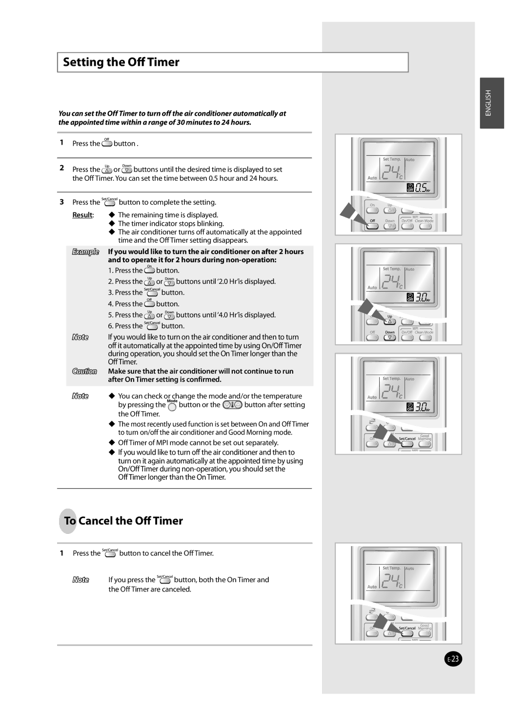 Samsung AQV12VBAN, AQV12VSAN, AQV12VBAX, AQV24VSAN, AQV18VBAN, AQV18VSAN manual Setting the Oﬀ Timer, To Cancel the Oﬀ Timer 