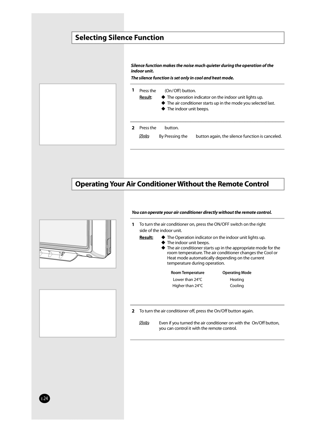 Samsung AQV09VSAN, AQV12VSAN manual Selecting Silence Function, Operating Your Air Conditioner Without the Remote Control 