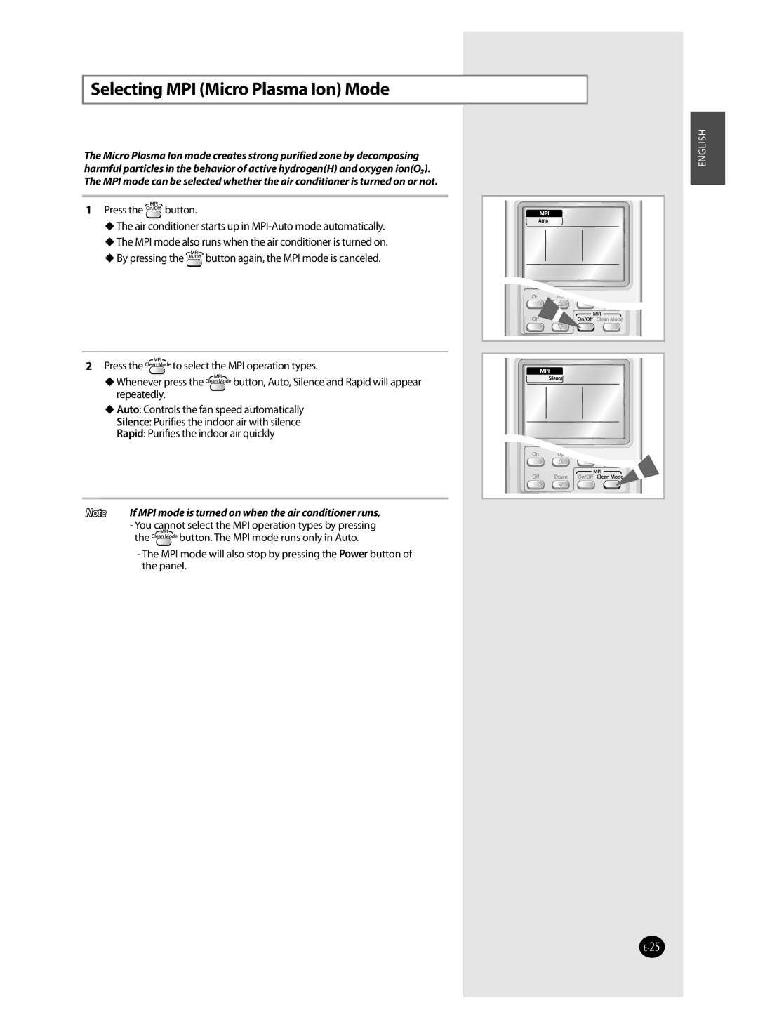 Samsung AQV09VBAN, AQV12VSAN, AQV12VBAX, AQV24VSAN, AQV18VBAN, AQV18VSAN, AQV12VBAN manual Selecting MPI Micro Plasma Ion Mode 