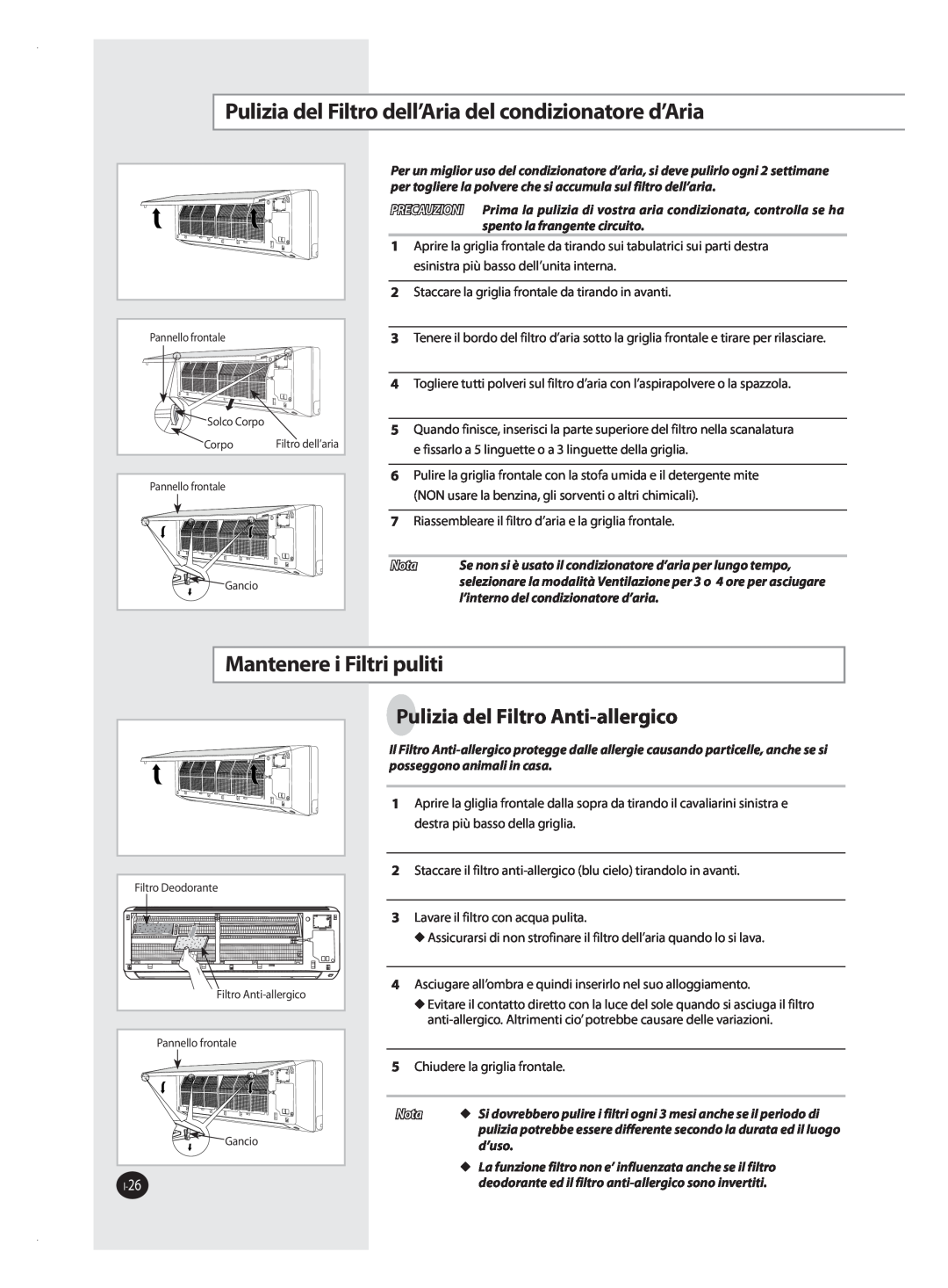 Samsung AQV09VBAN, AQV12VSAN manual Pulizia del Filtro dell’Aria del condizionatore d’Aria, Mantenere i Filtri puliti, Nota 