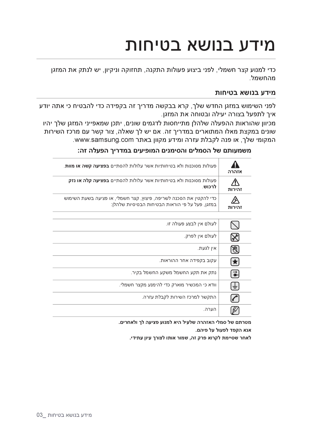 Samsung AQV09EWCXTEV, AQV18EWATEV manual תוחיטב אשונב עדימ, הז הלעפה ךירדמב םיעיפומה םינמיסהו םילמסה לש םתועמשמ, הרהזא 