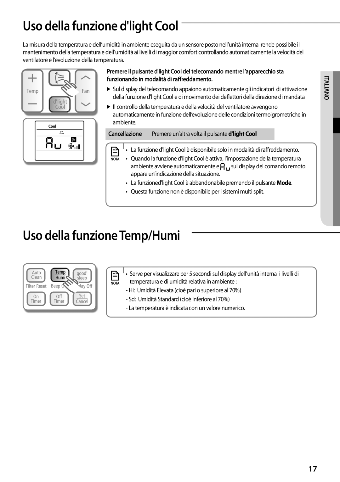 Samsung AQV18EWDN, AQV18EWDX, AQV12EWEN, AQV09EWEN, AQV24EWDN UsoAA della funzione dlight Cool, Uso della funzione Temp/Humi 