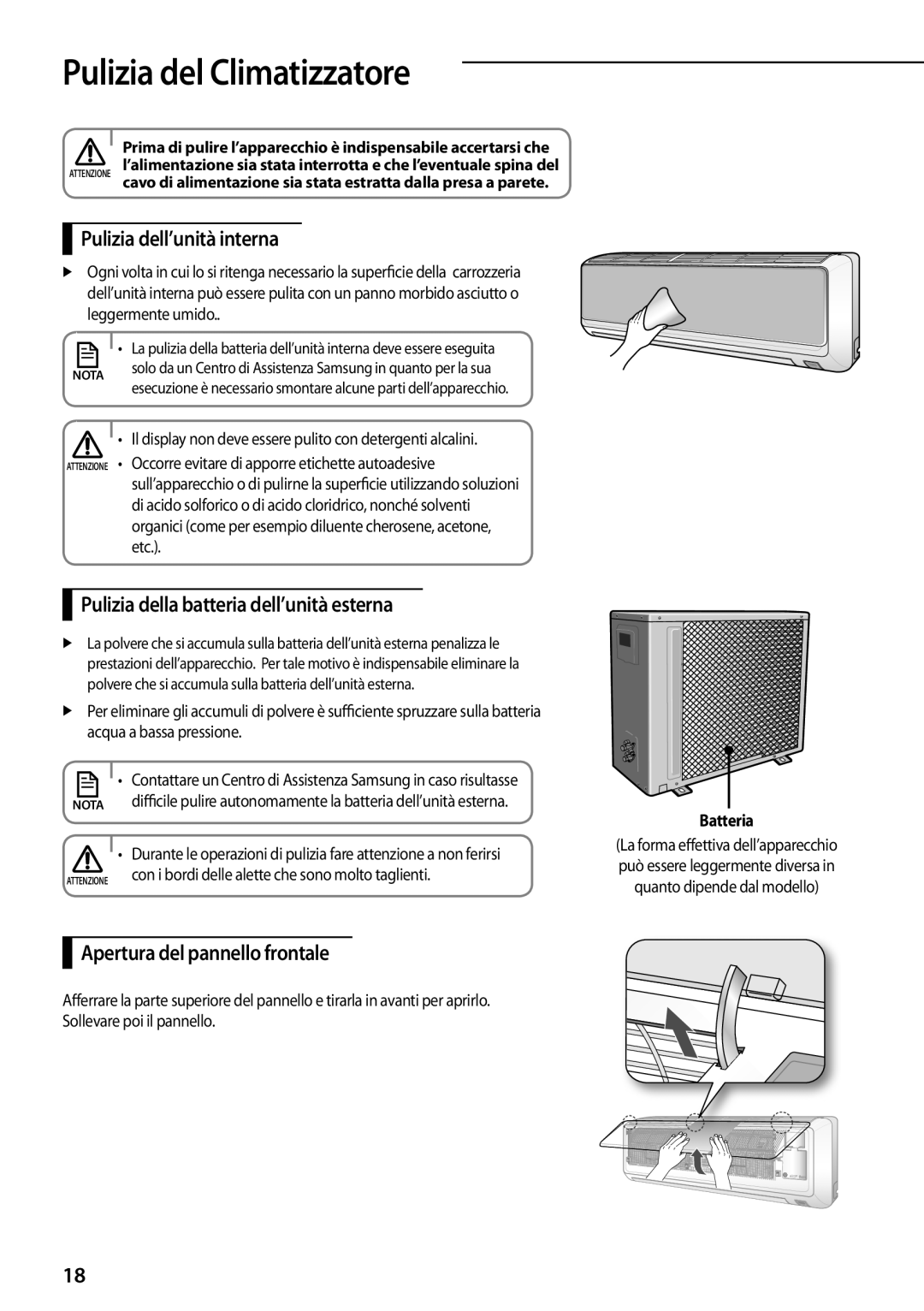 Samsung AQV12EWEN PuliziAA a del Climatizzatore, Pulizia dell’unità interna, Pulizia della batteria dell’unità esterna 
