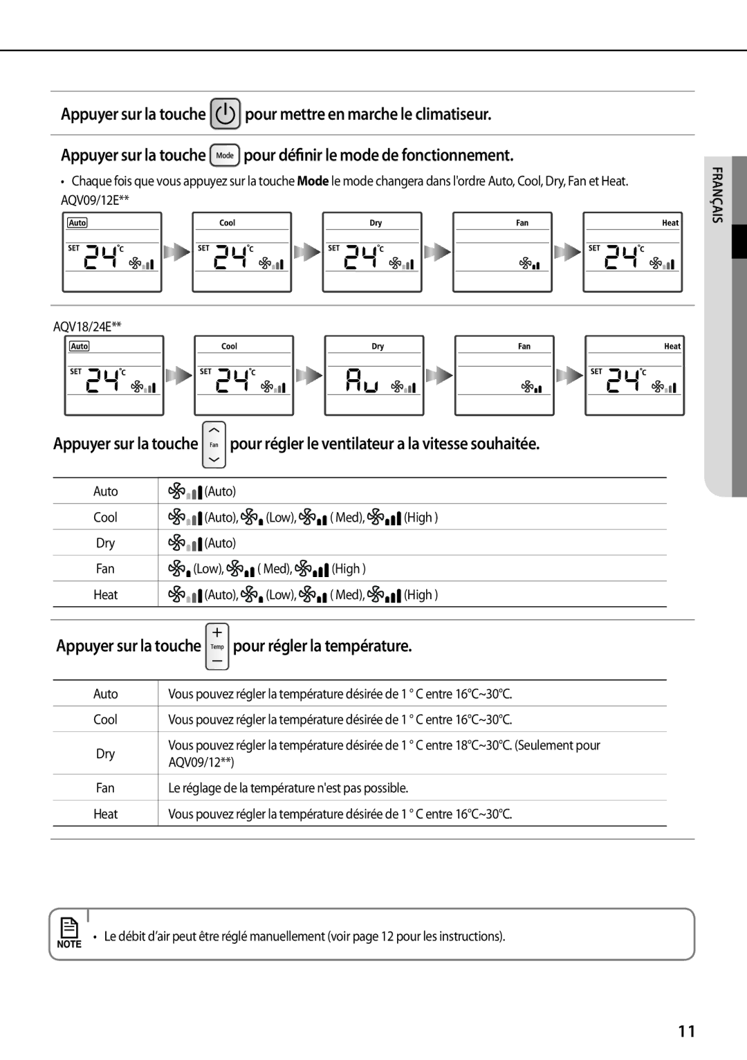 Samsung AQV18EWDN, AQV18EWDX manual Appuyer sur la touche pour régler la température 