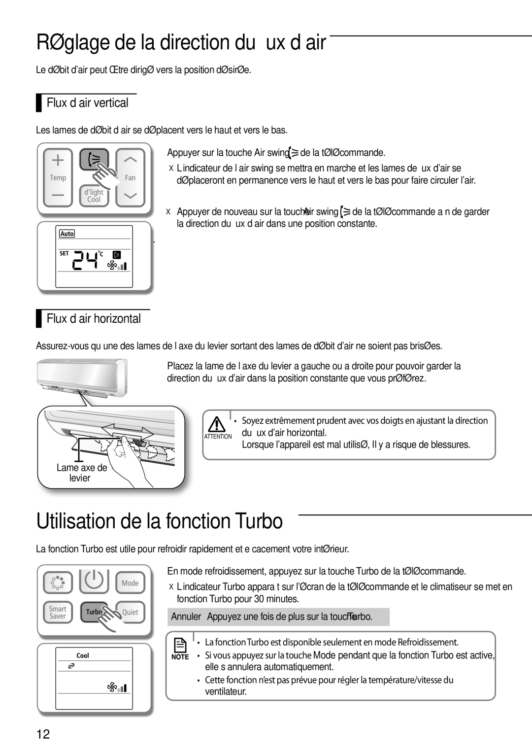 Samsung AQV18EWDX, AQV18EWDN Réglage de la direction du flux d’air, Utilisation de la fonction Turbo, Flux d’air vertical 