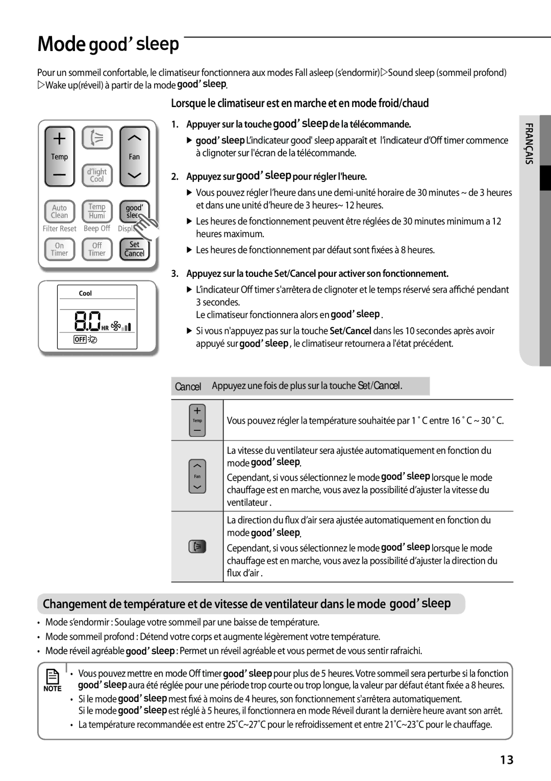 Samsung AQV18EWDN, AQV18EWDX manual Mode, Appuyer sur la touche de la télécommande, Appuyez sur pour régler lheure 