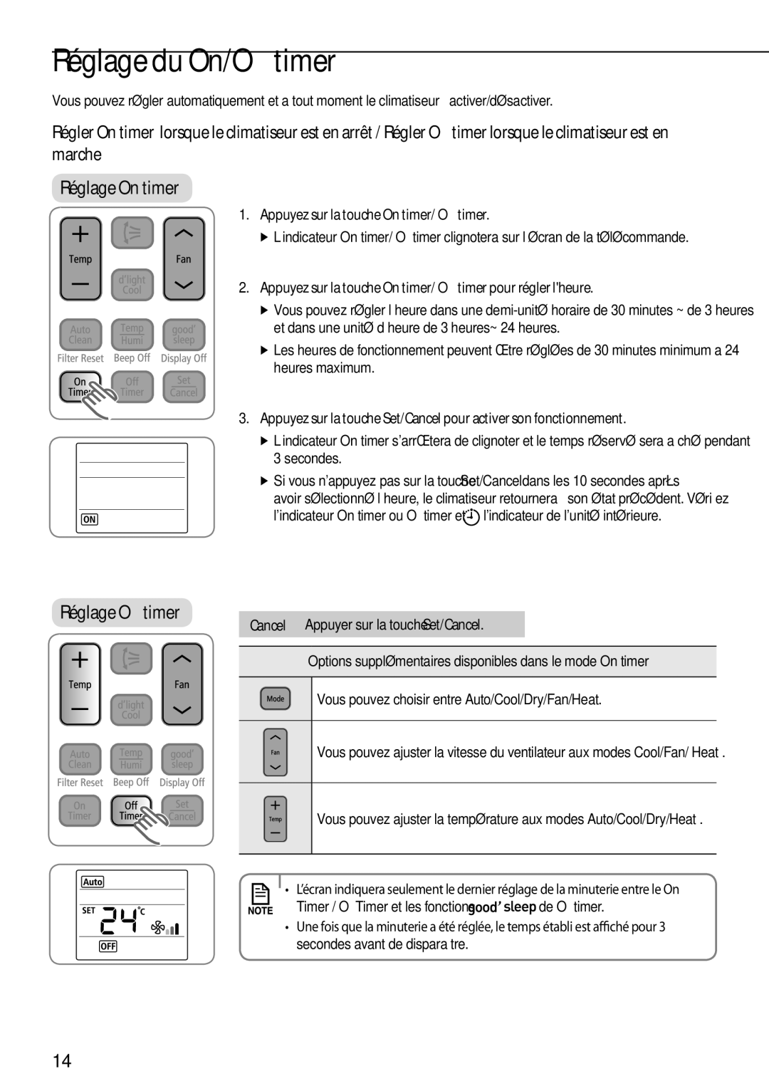 Samsung AQV18EWDX Réglage du On/Off timer, Appuyez sur la touche On timer/ Off timer, Timer / Off Timer et les fonctions 