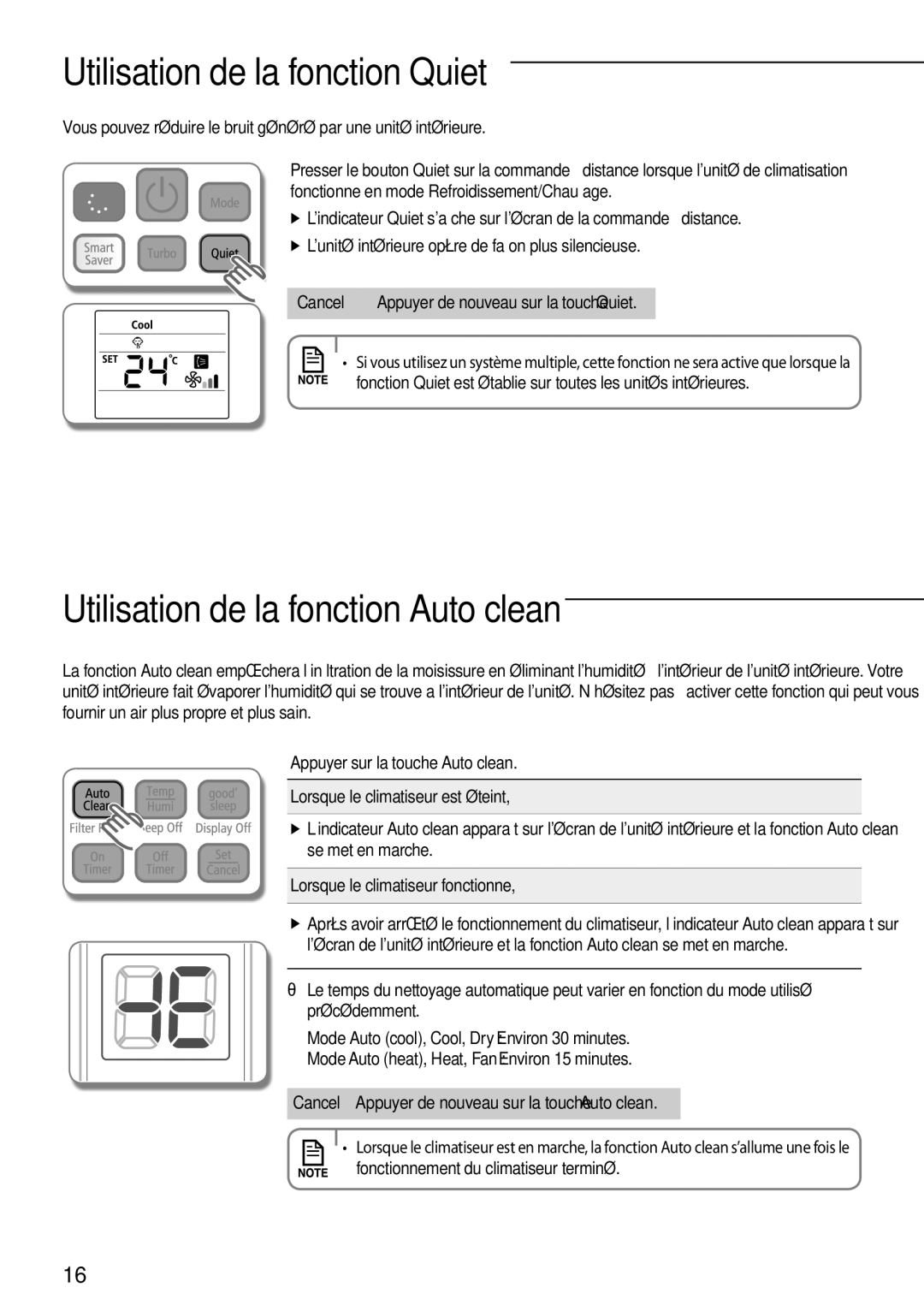 Samsung AQV18EWDX, AQV18EWDN manual Utilisation de la fonction Quiet, Utilisation de la fonction Auto clean 