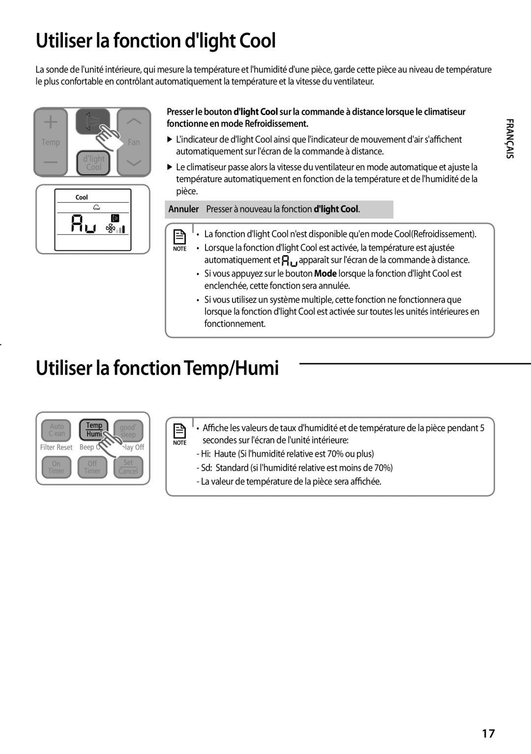 Samsung AQV18EWDN, AQV18EWDX manual UtilisAA er la fonction dlight Cool, Utiliser la fonction Temp/Humi, Automatiquement et 