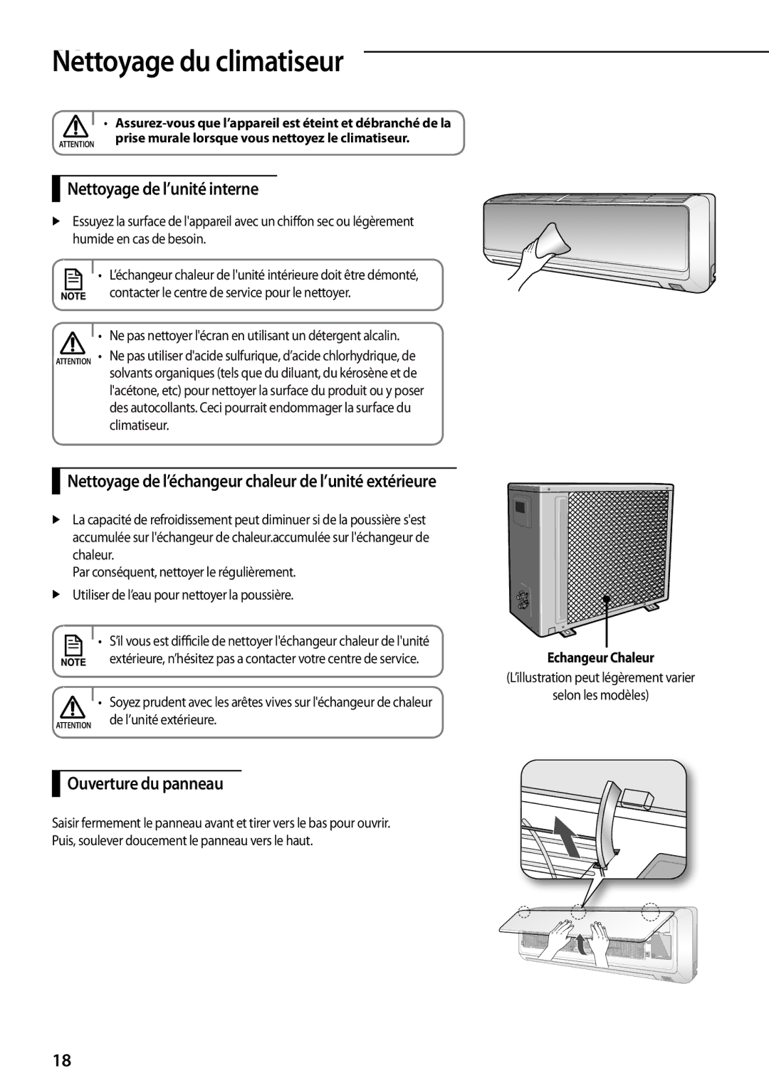 Samsung AQV18EWDX manual NettoAA yage du climatiseur, Nettoyage de l’unité interne, Ouverture du panneau, Echangeur Chaleur 