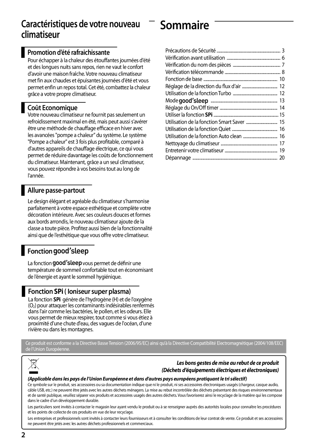 Samsung AQV18EWDX, AQV18EWDN manual Sommaire 