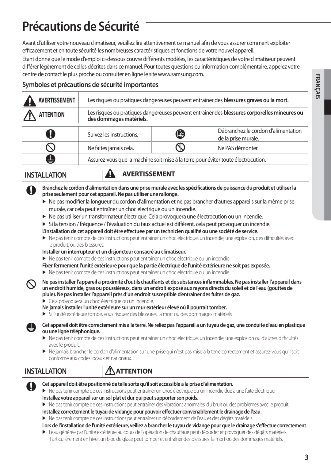 Samsung AQV18EWDN manual Précautions de Sécurité, Symboles et précautions de sécurité importantes, Des dommages matériels 