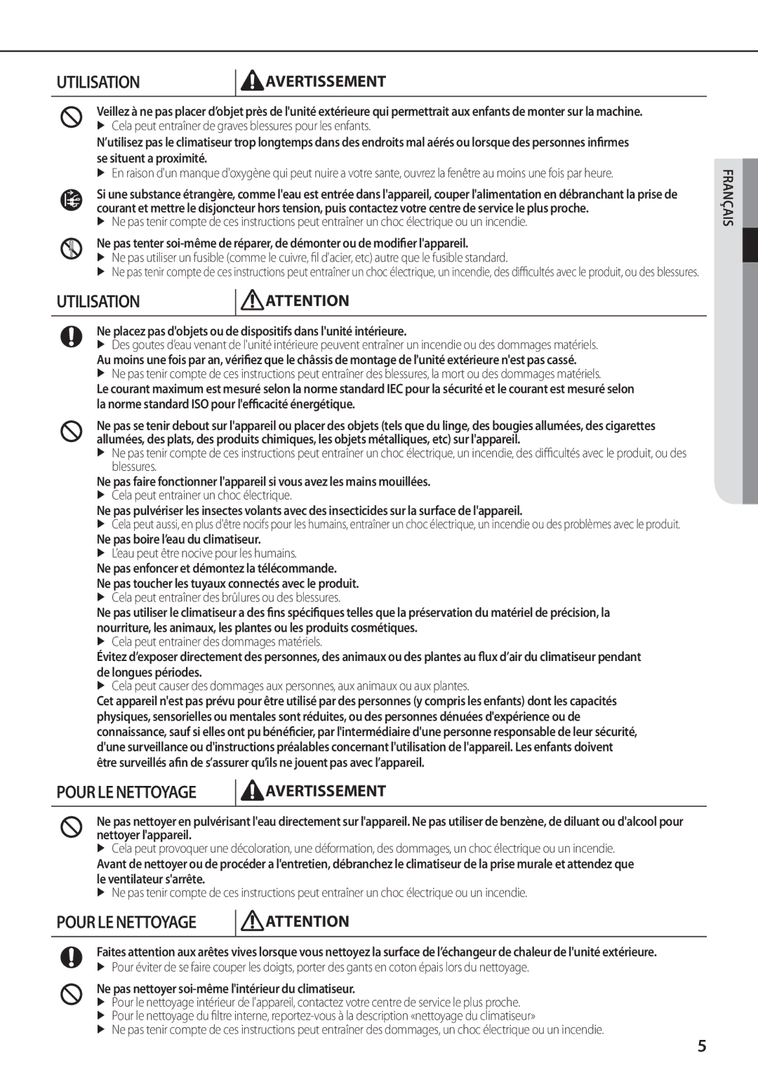 Samsung AQV18EWDN, AQV18EWDX manual Pour LE Nettoyage Avertissement 