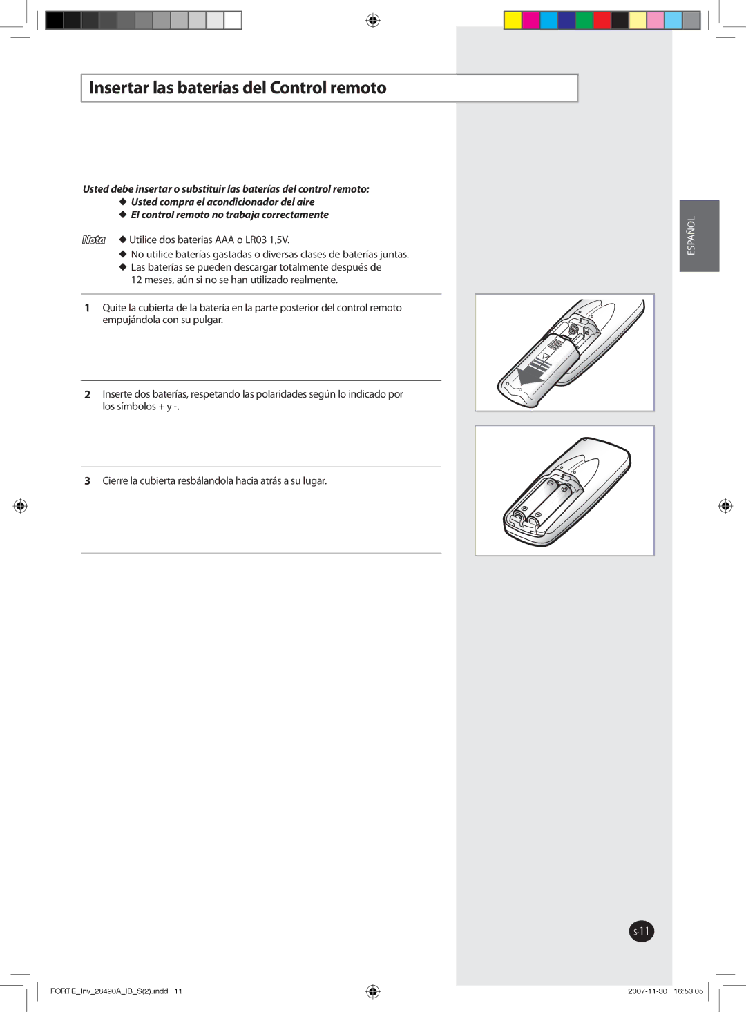 Samsung AQV12FCN, AQV18FCX, AQV12NSBX, AQV18FCN, AQV09NSAN, AQV09NSBX, AQV24NSAX manual Insertar las baterías del Control remoto 