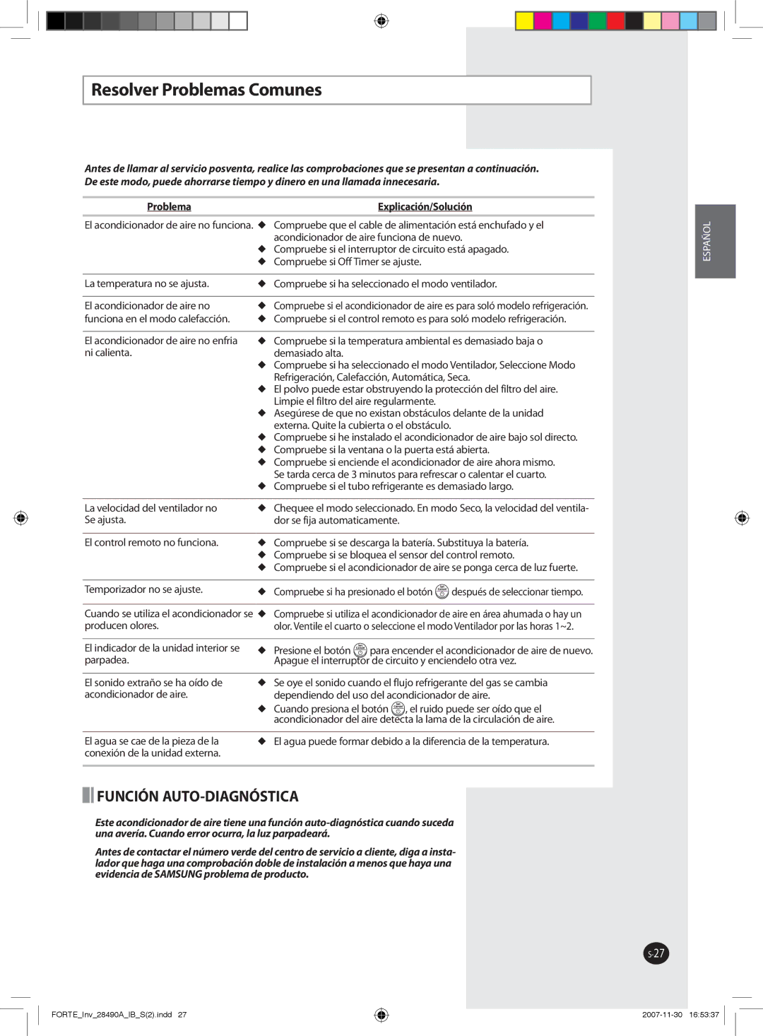 Samsung AQV24NSAX, AQV18FCX, AQV12NSBX, AQV18FCN, AQV09NSAN manual Resolver Problemas Comunes, Problema Explicación/Solución 