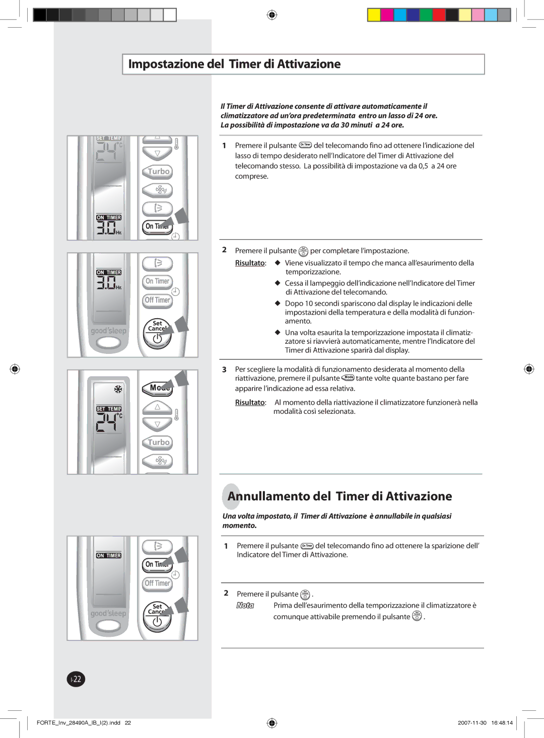 Samsung AQV12NSBX, AQV18FCX, AQV18FCN, AQV24FCX Impostazione del Timer di Attivazione, Annullamento del Timer di Attivazione 