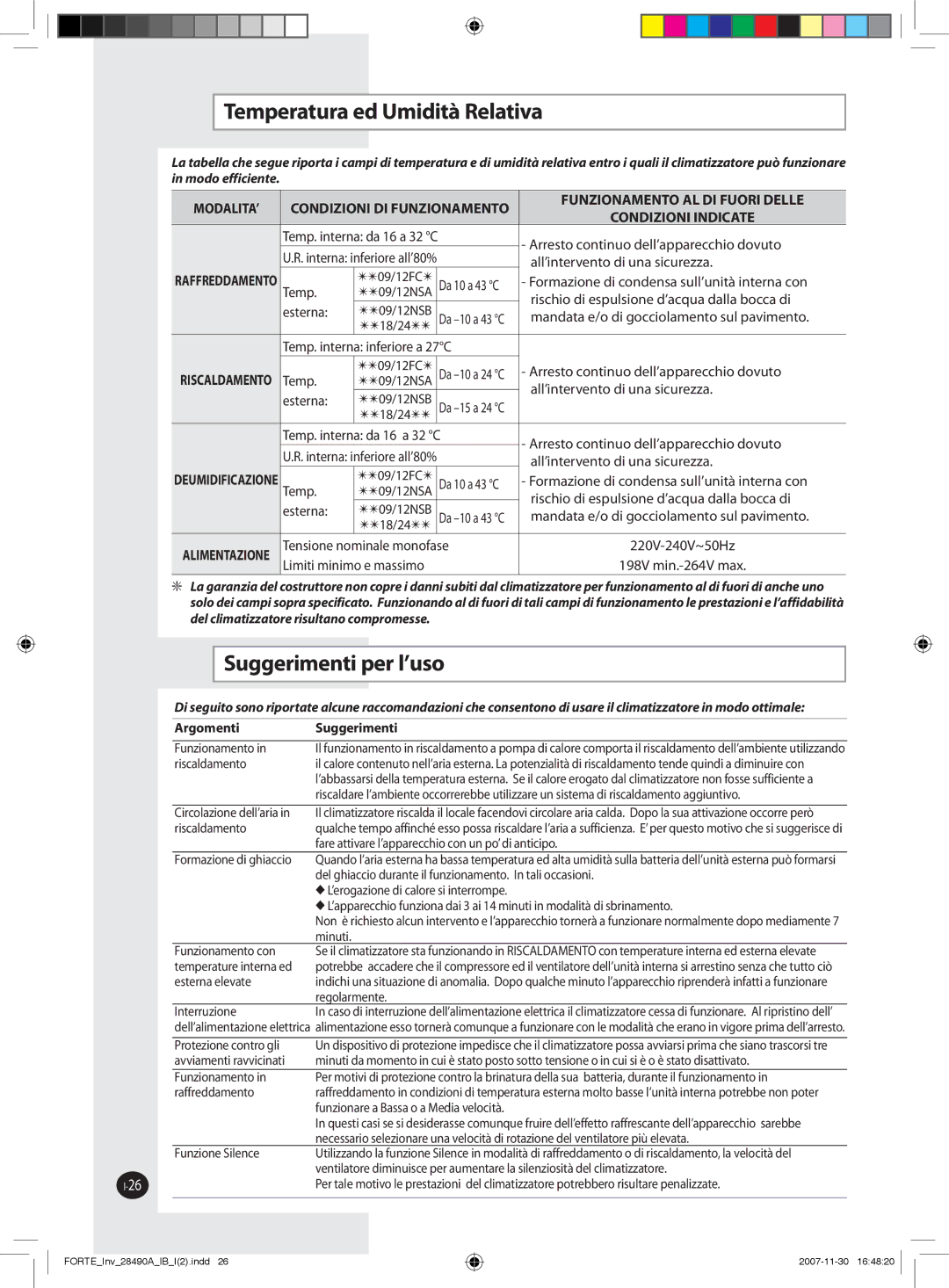 Samsung AQV24NSAX, AQV18FCX, AQV12NSBX, AQV18FCN, AQV09NSAN, AQV09NSBX Temperatura ed Umidità Relativa, Suggerimenti per l’uso 