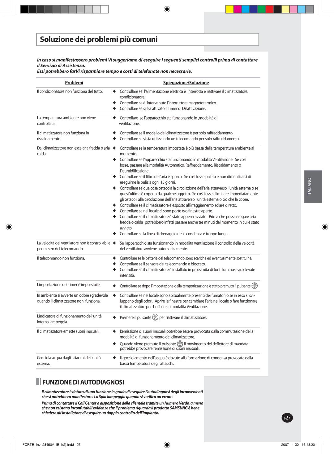 Samsung AQV24FCX, AQV18FCX, AQV12NSBX, AQV18FCN, AQV09NSAN Soluzione dei problemi più comuni, Problemi Spiegazione/Soluzione 