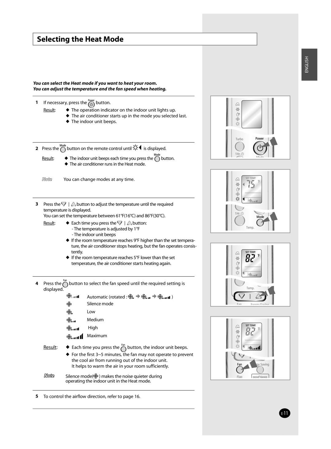 Samsung QV09J, AQV18J, AQV12J, AQV24J user manual Selecting the Heat Mode, Result 