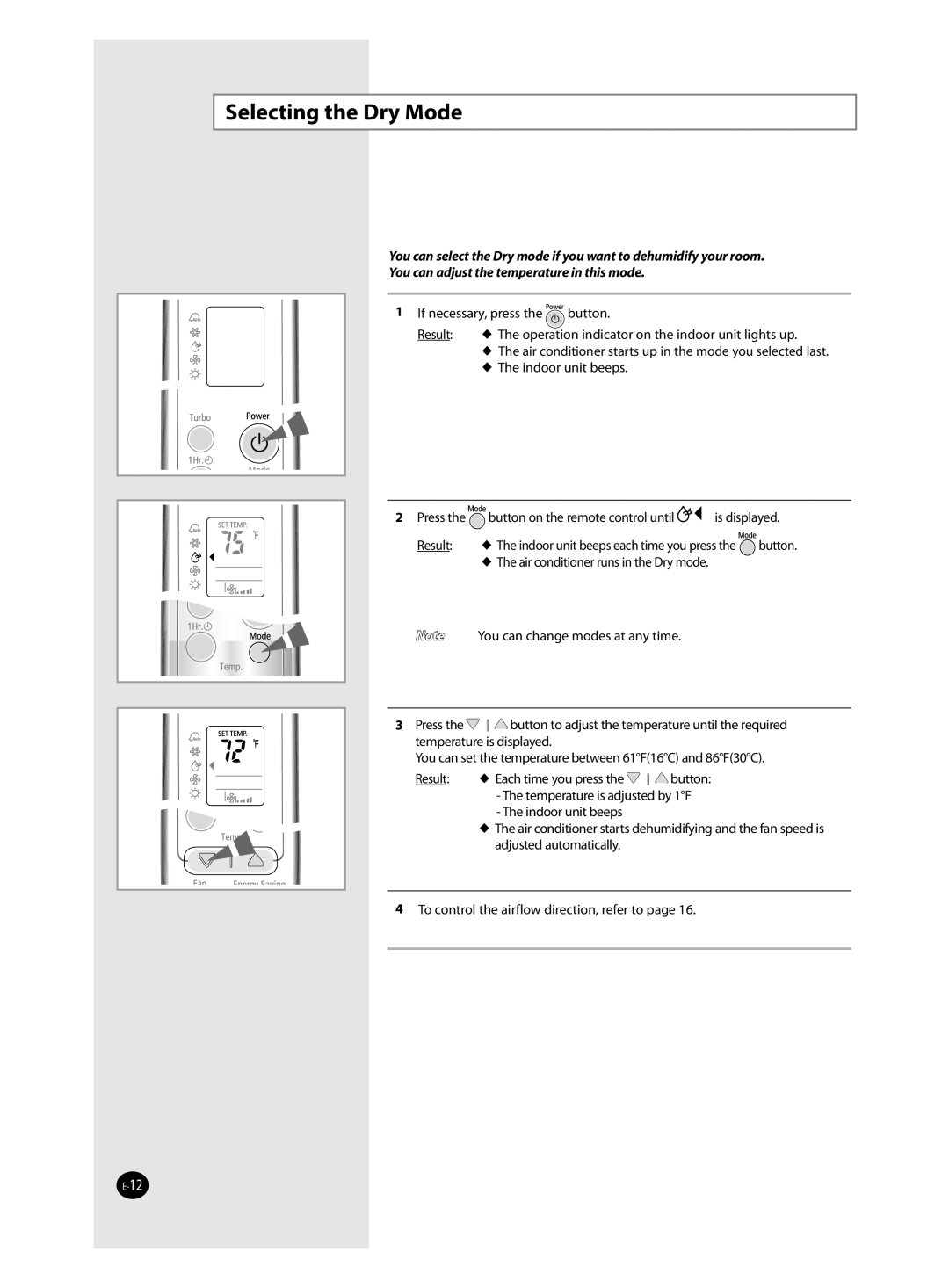 Samsung AQV18J, AQV12J, AQV24J, QV09J user manual Selecting the Dry Mode 