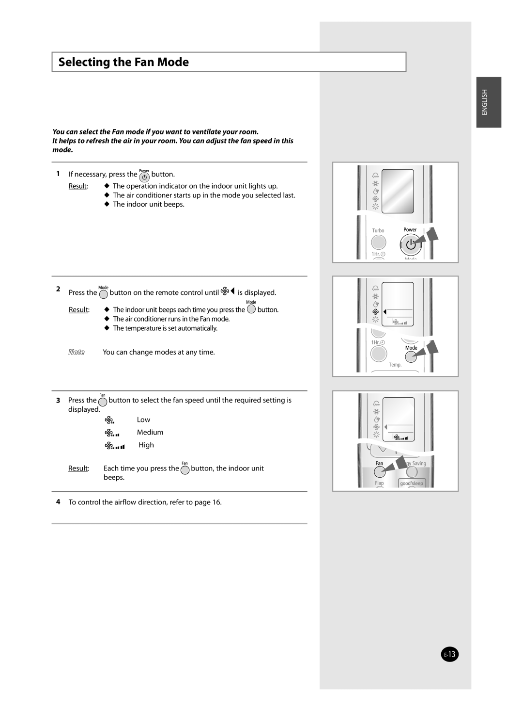 Samsung AQV12J, AQV18J, AQV24J, QV09J user manual Selecting the Fan Mode 