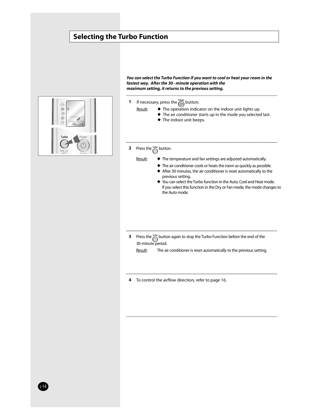 Samsung AQV24J, AQV18J, AQV12J, QV09J user manual Selecting the Turbo Function 