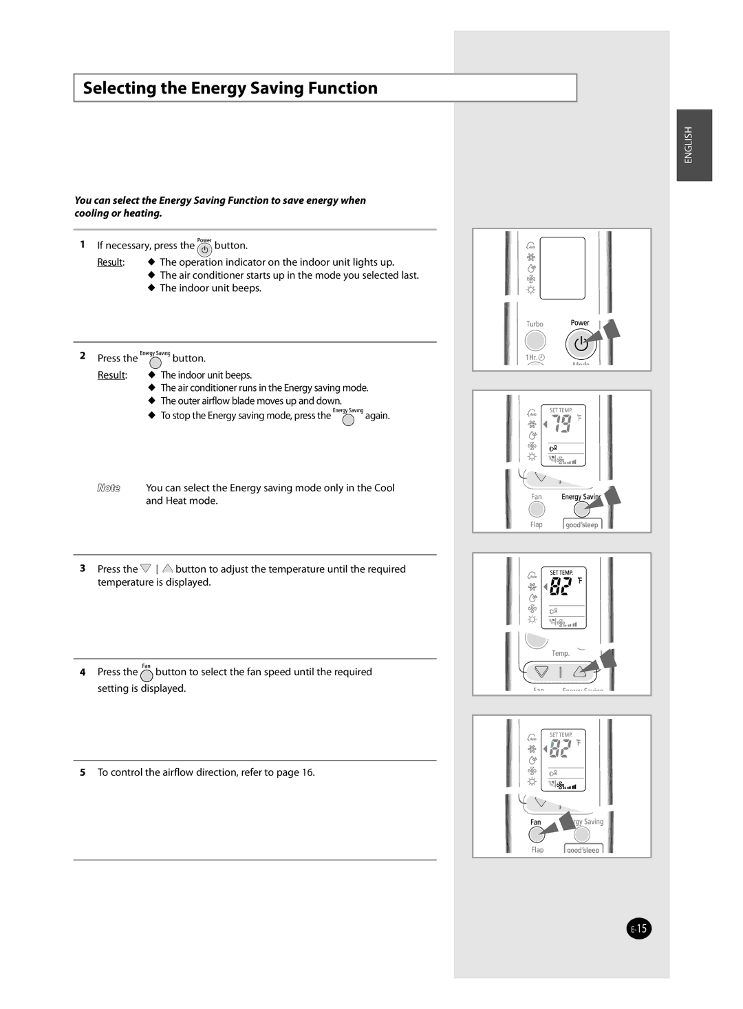 Samsung QV09J, AQV18J, AQV12J, AQV24J user manual Selecting the Energy Saving Function 