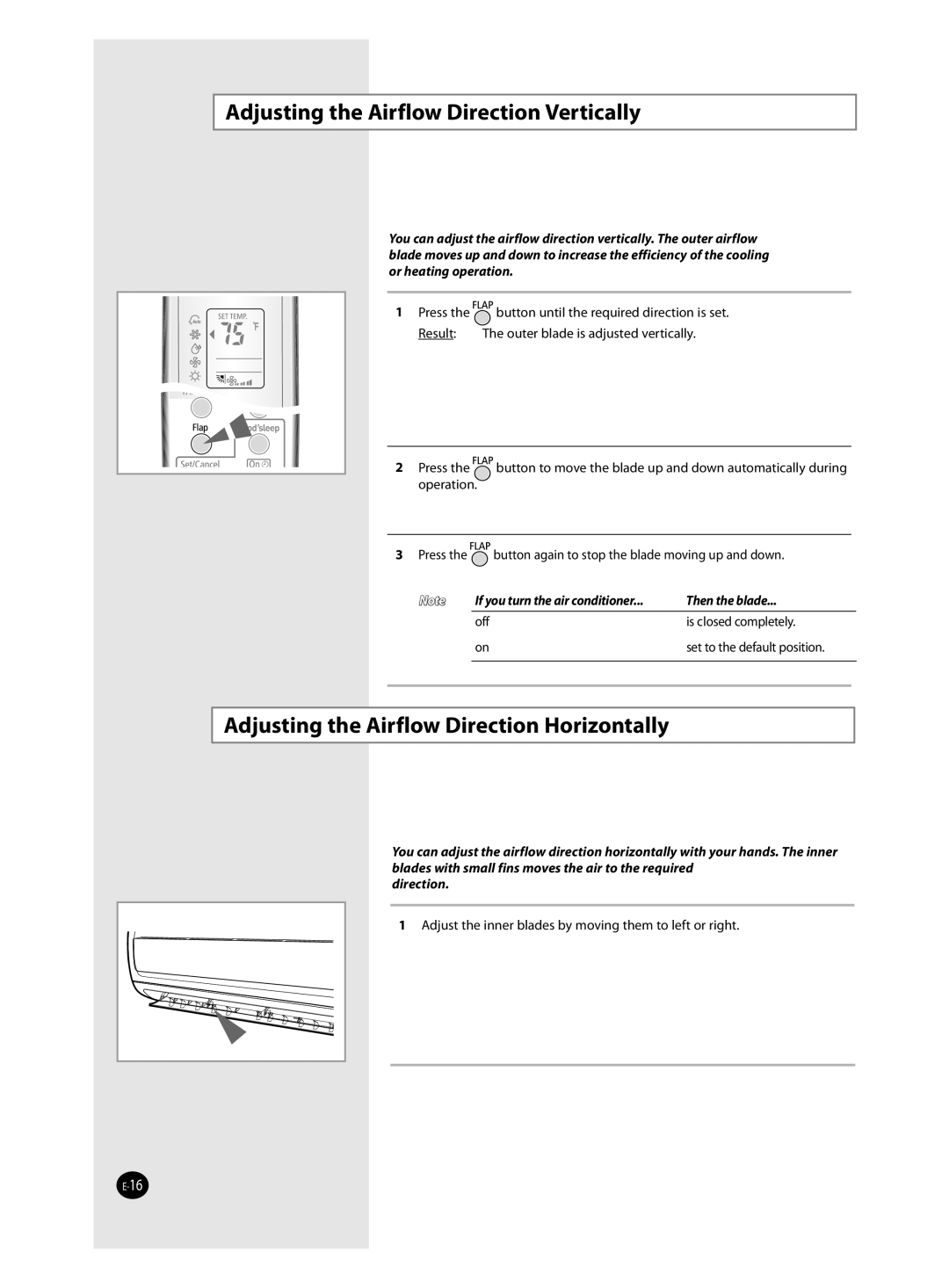 Samsung AQV18J, AQV12J, AQV24J Adjusting the Airflow Direction Vertically, Adjusting the Airflow Direction Horizontally 